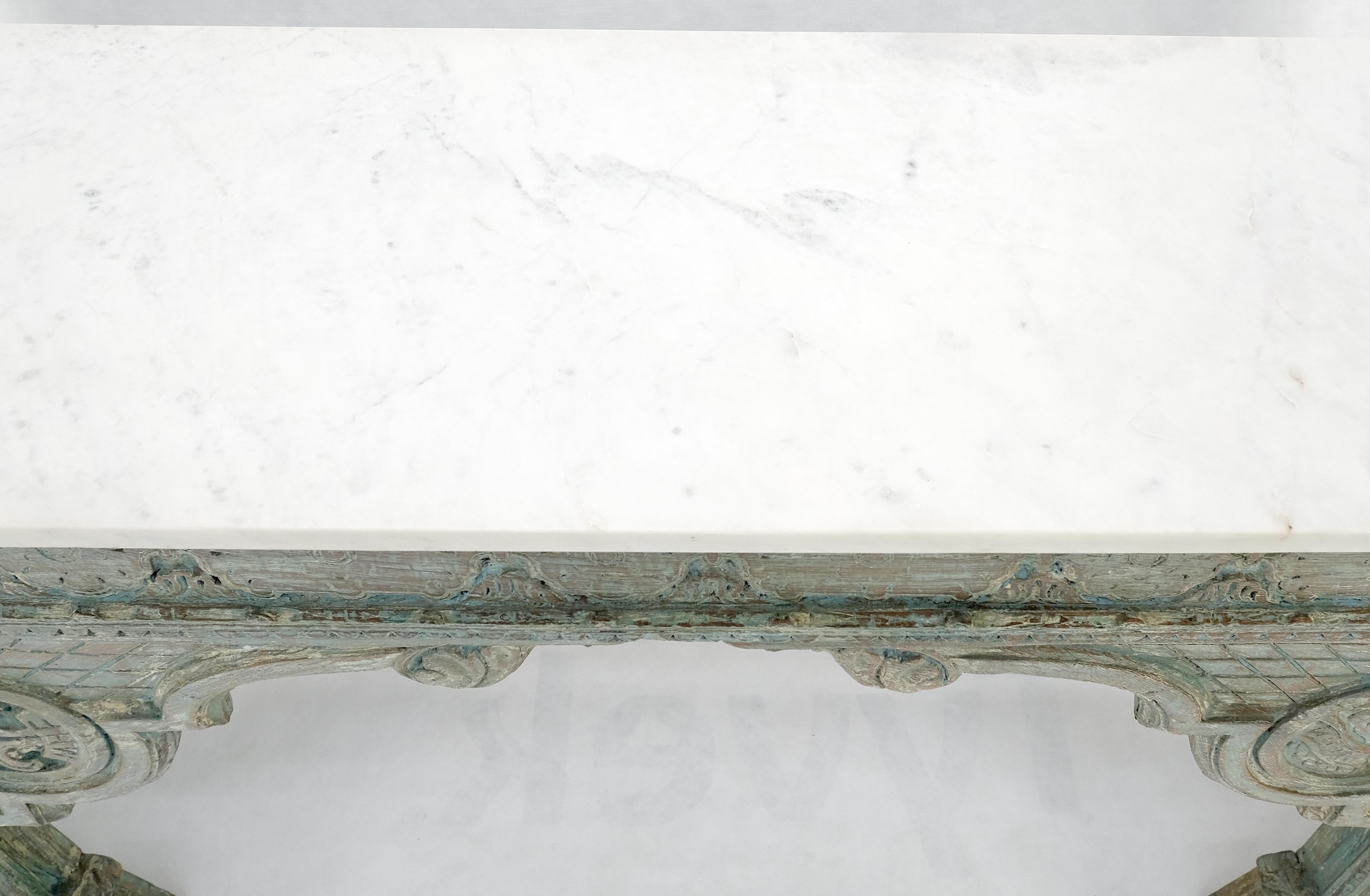Carved Teak White Marble Top Indian Asian Style Antique Console Green Wash Finis 2