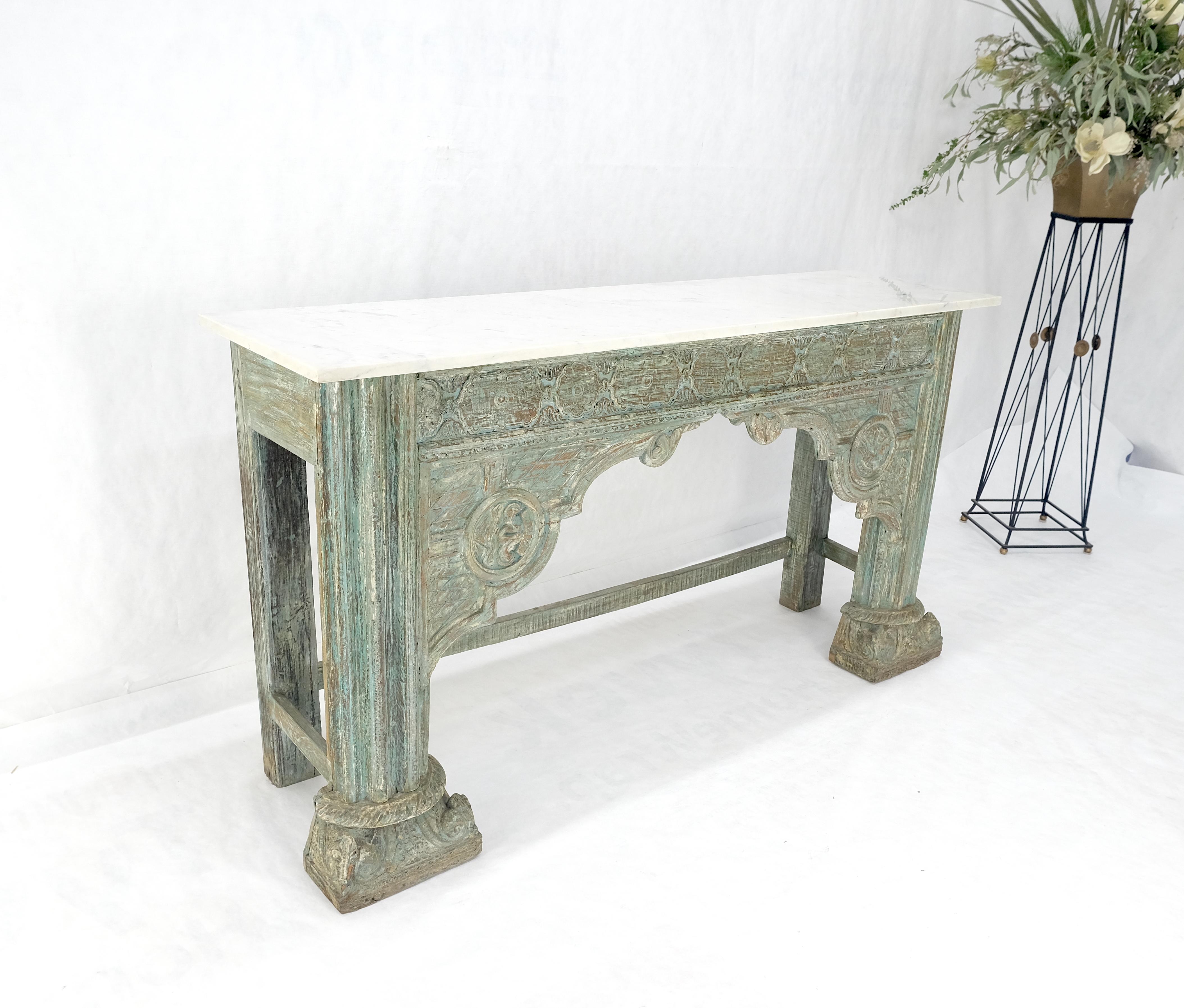 Carved Teak White Marble Top Indian Asian Style Antique Console Green Wash Finis 3