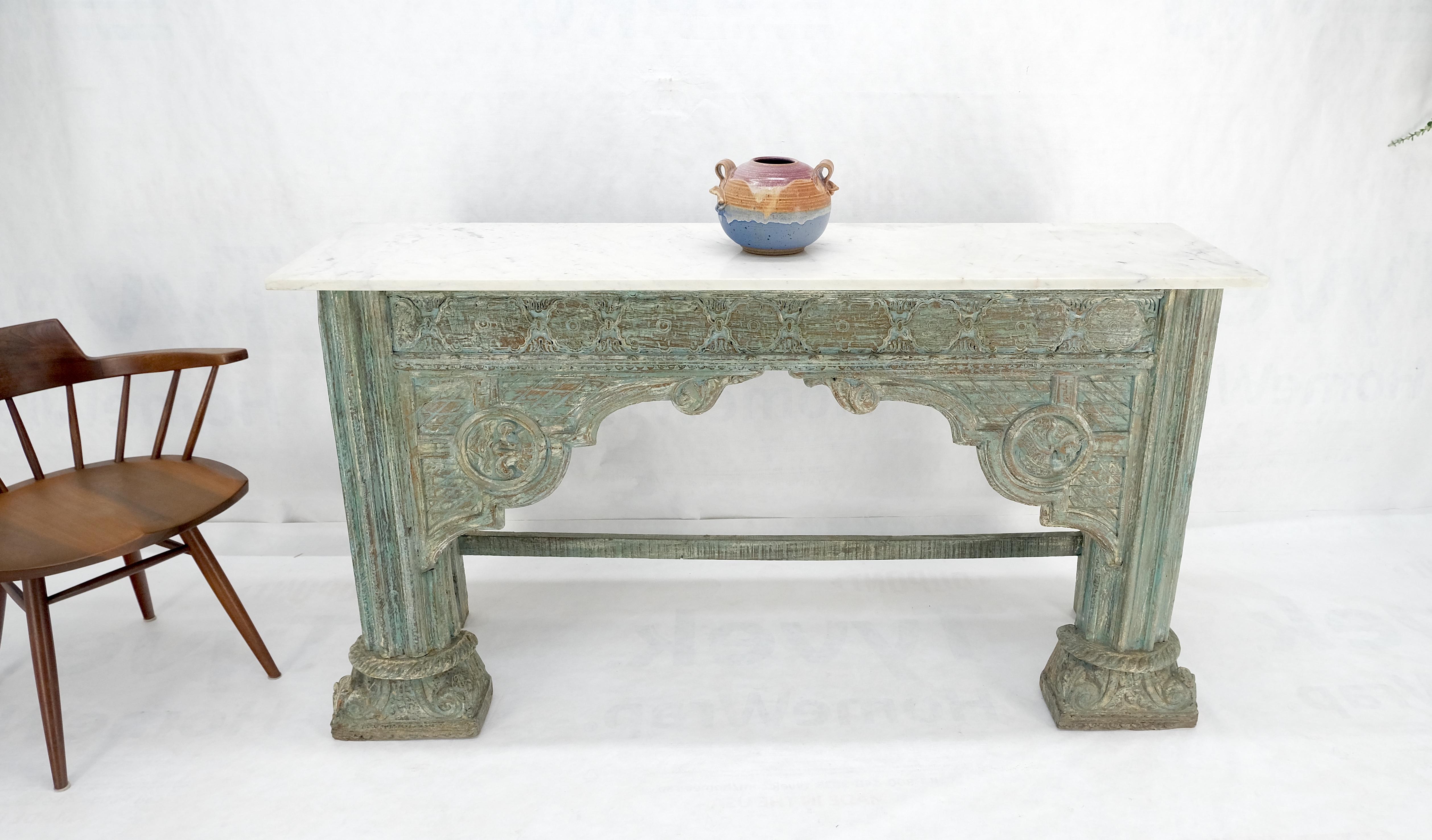 Carved Teak White Marble Top Indian Asian Style Antique Console Green Wash Finis 4