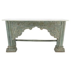 Carved Teak White Marble Top Indian Asian Style Antique Console Green Wash Finis