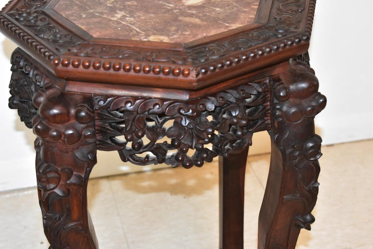 Carved Teak Wood Chinese and Soapstone Stand For Sale at 1stDibs