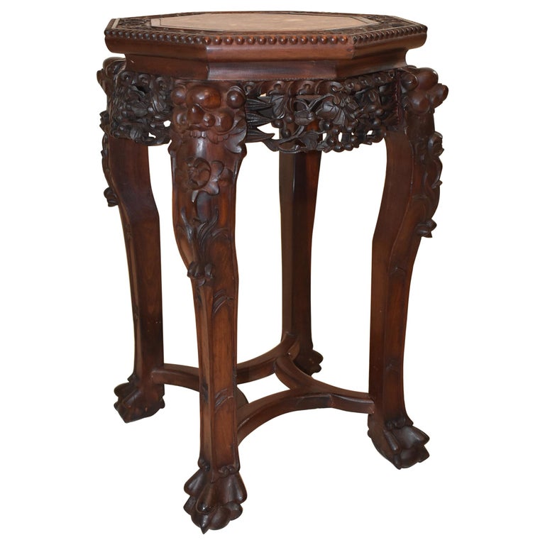 Carved Teak Wood Chinese and Soapstone Stand For Sale at 1stDibs