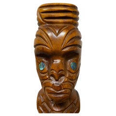 Carved Wood Tekoteko Sculpture with Paua Shell Eyes, Contemporary Figure