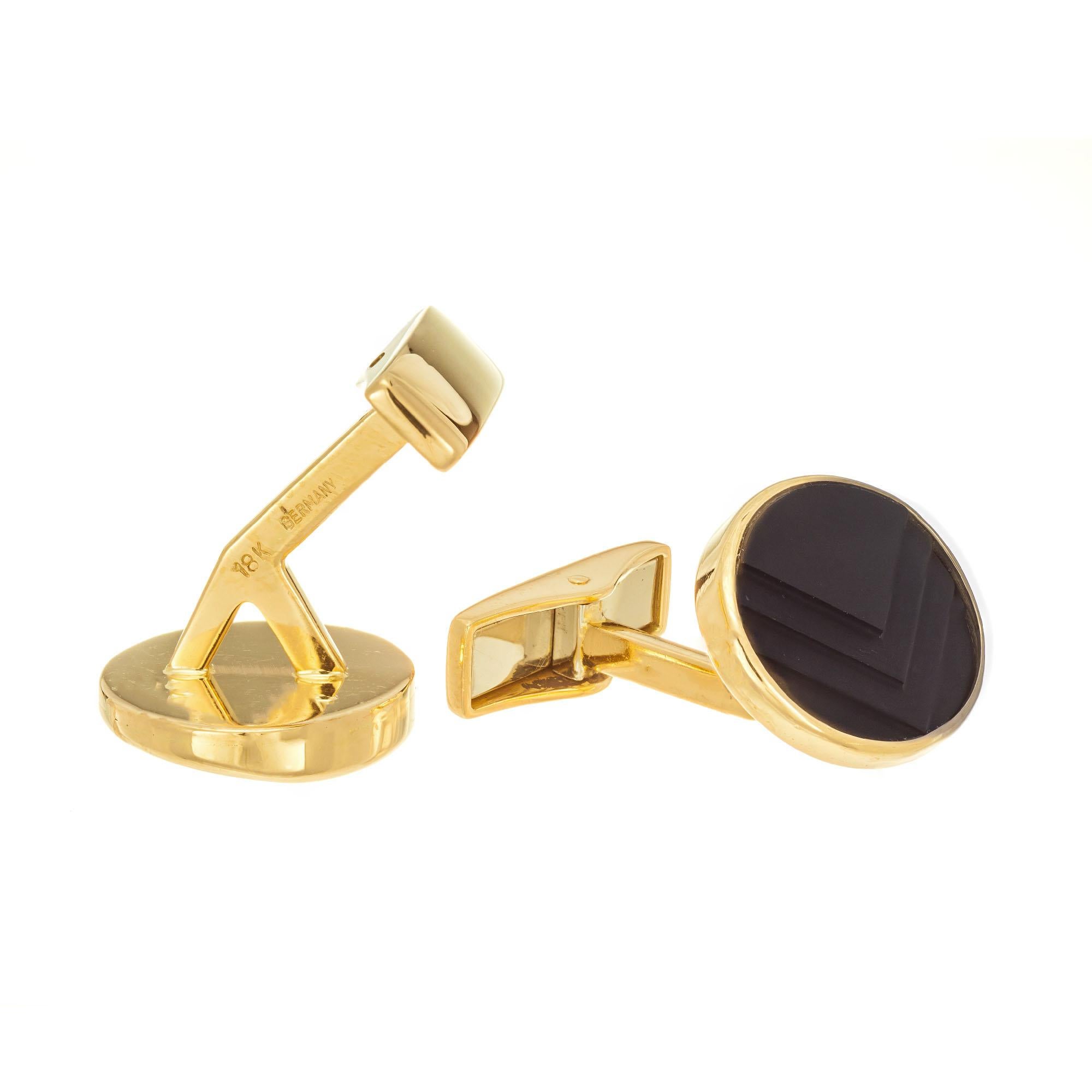 Oval Cut Carved Textured Black Onyx Yellow Gold Cufflinks For Sale