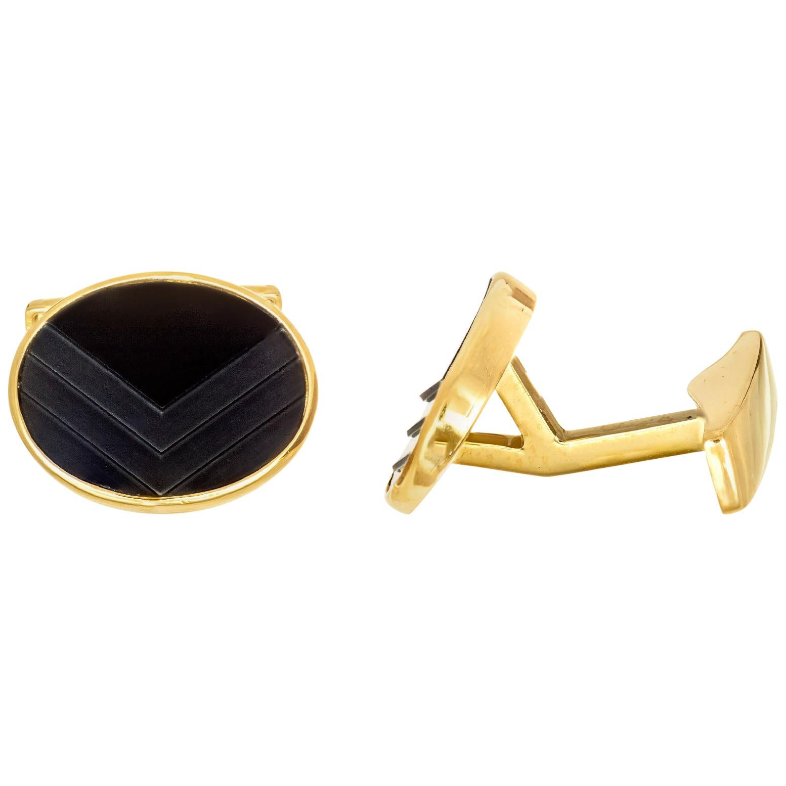 Carved Textured Black Onyx Yellow Gold Cufflinks For Sale