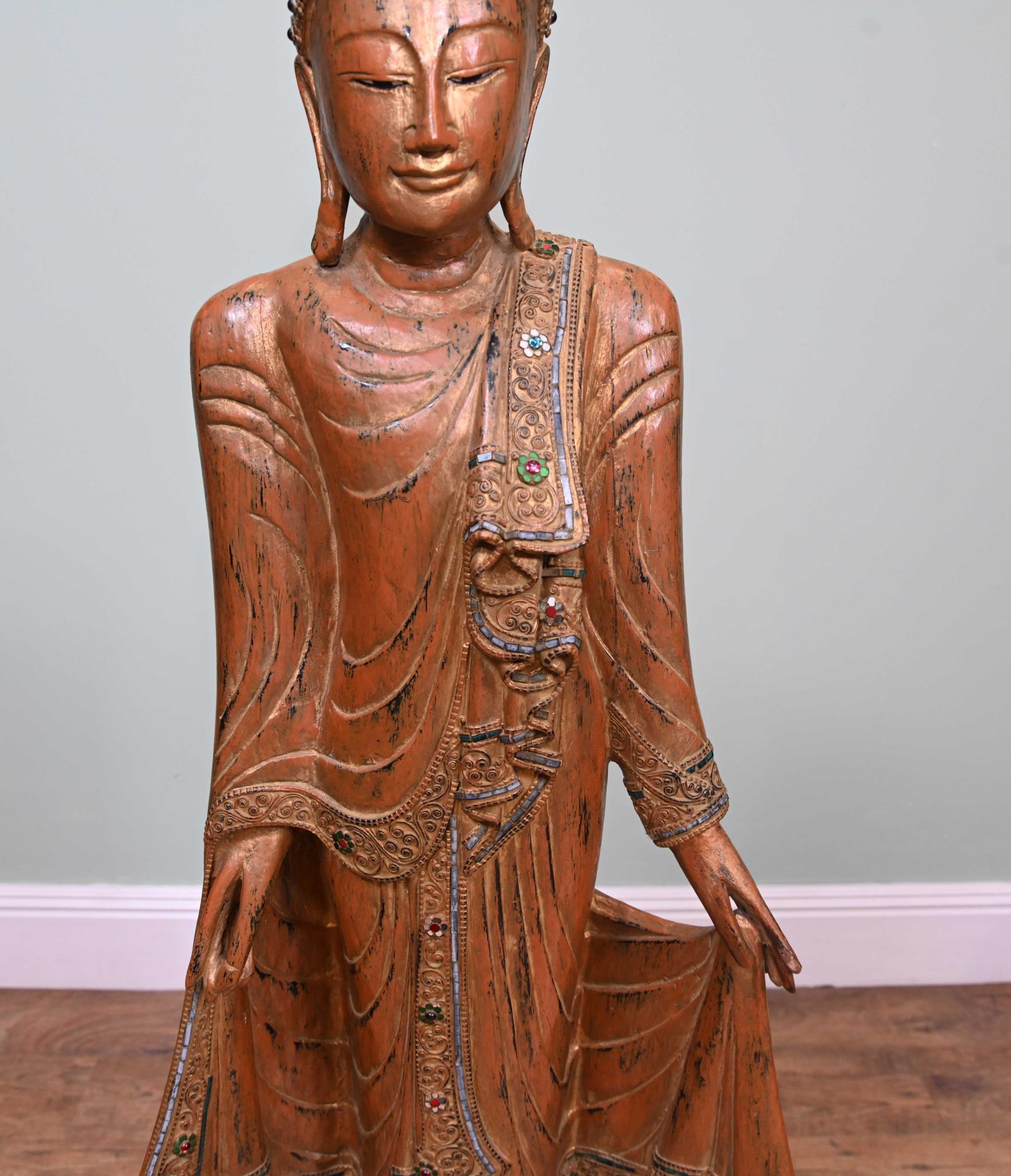 Wood Carved Thai Buddha Statue Standing Carved Buddhist For Sale