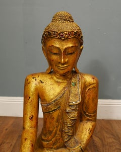 Carved Thai Gilt Wooden Buddha Figure Lotus Pose Buddhist Statue Art