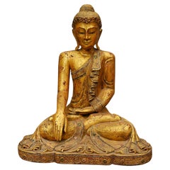 Carved Thai Gilt Wooden Buddha Figure Lotus Pose Buddhist Statue Art