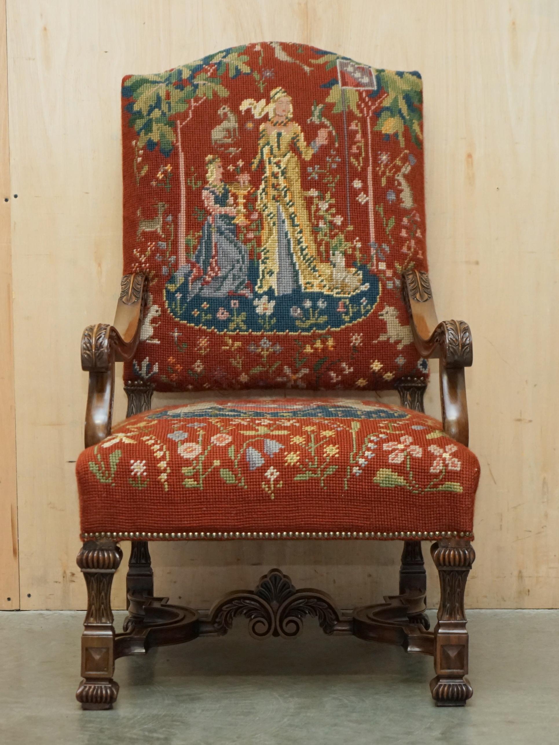 Victorian CARVED THRONE ARMCHAIR & FOOTSTOOL EMBROIDERED ARMORIAL COAT OF ARMS FABRiC For Sale