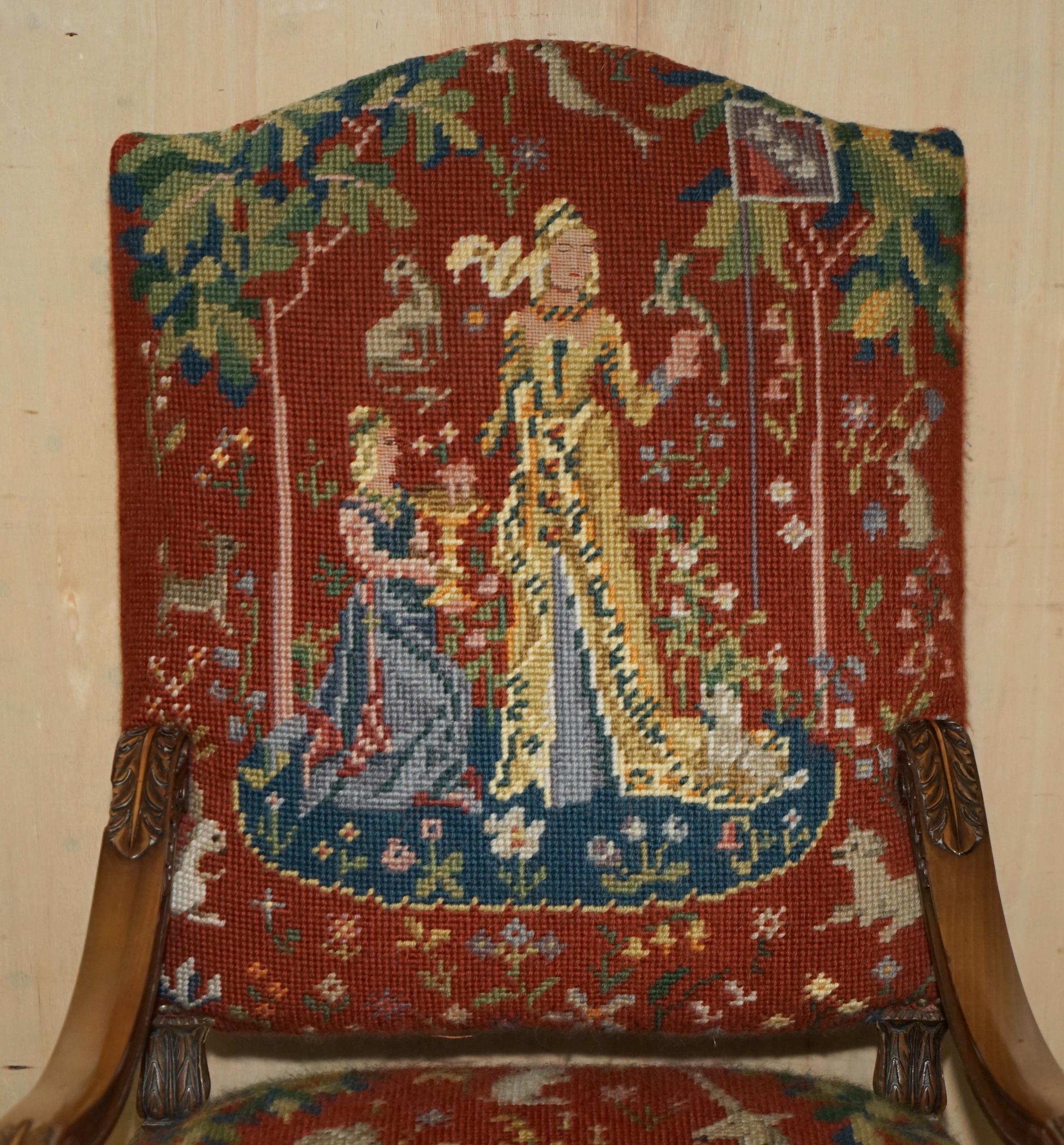 Italian CARVED THRONE ARMCHAIR & FOOTSTOOL EMBROIDERED ARMORIAL COAT OF ARMS FABRiC For Sale