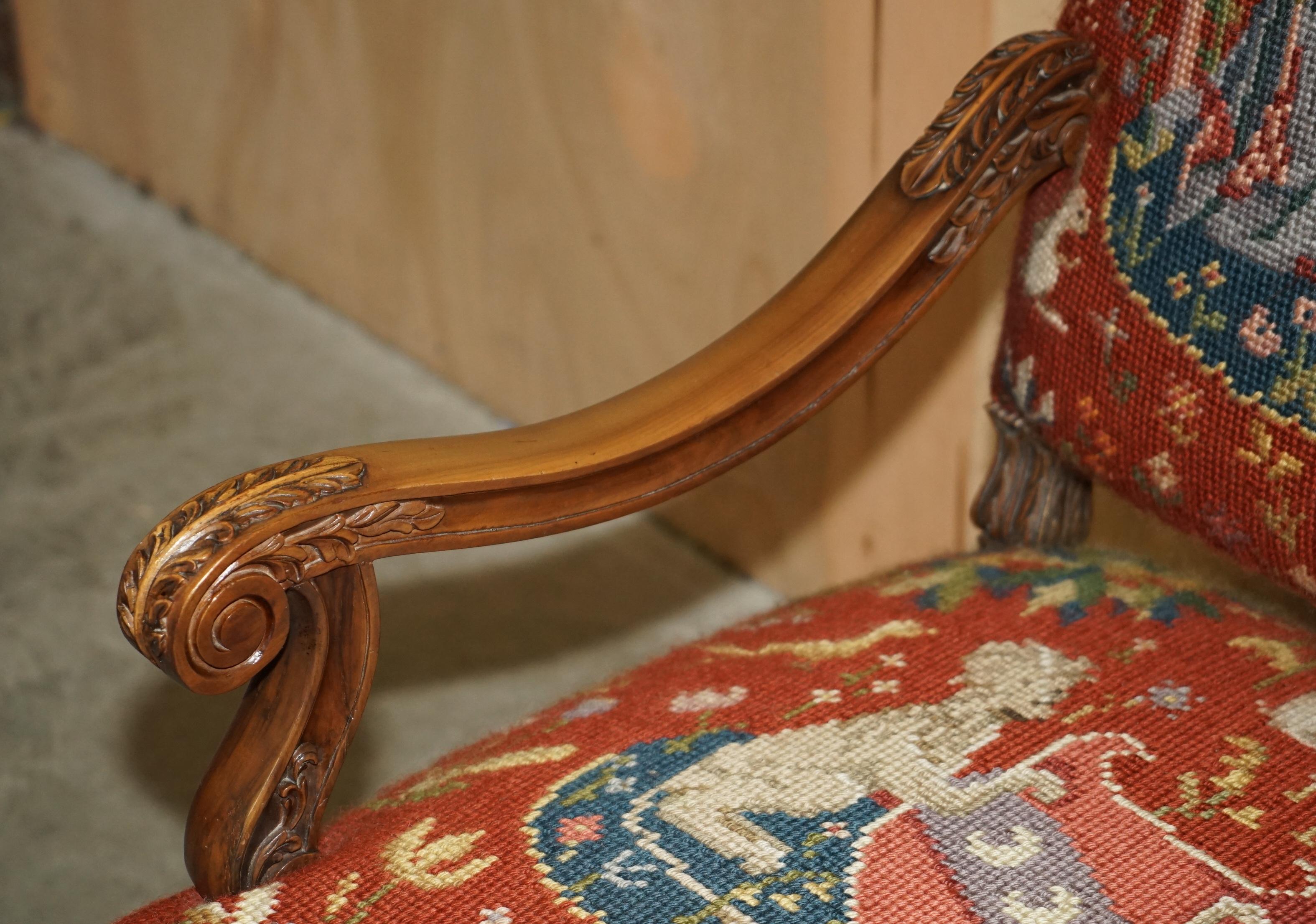 Hand-Crafted CARVED THRONE ARMCHAIR & FOOTSTOOL EMBROIDERED ARMORIAL COAT OF ARMS FABRiC For Sale
