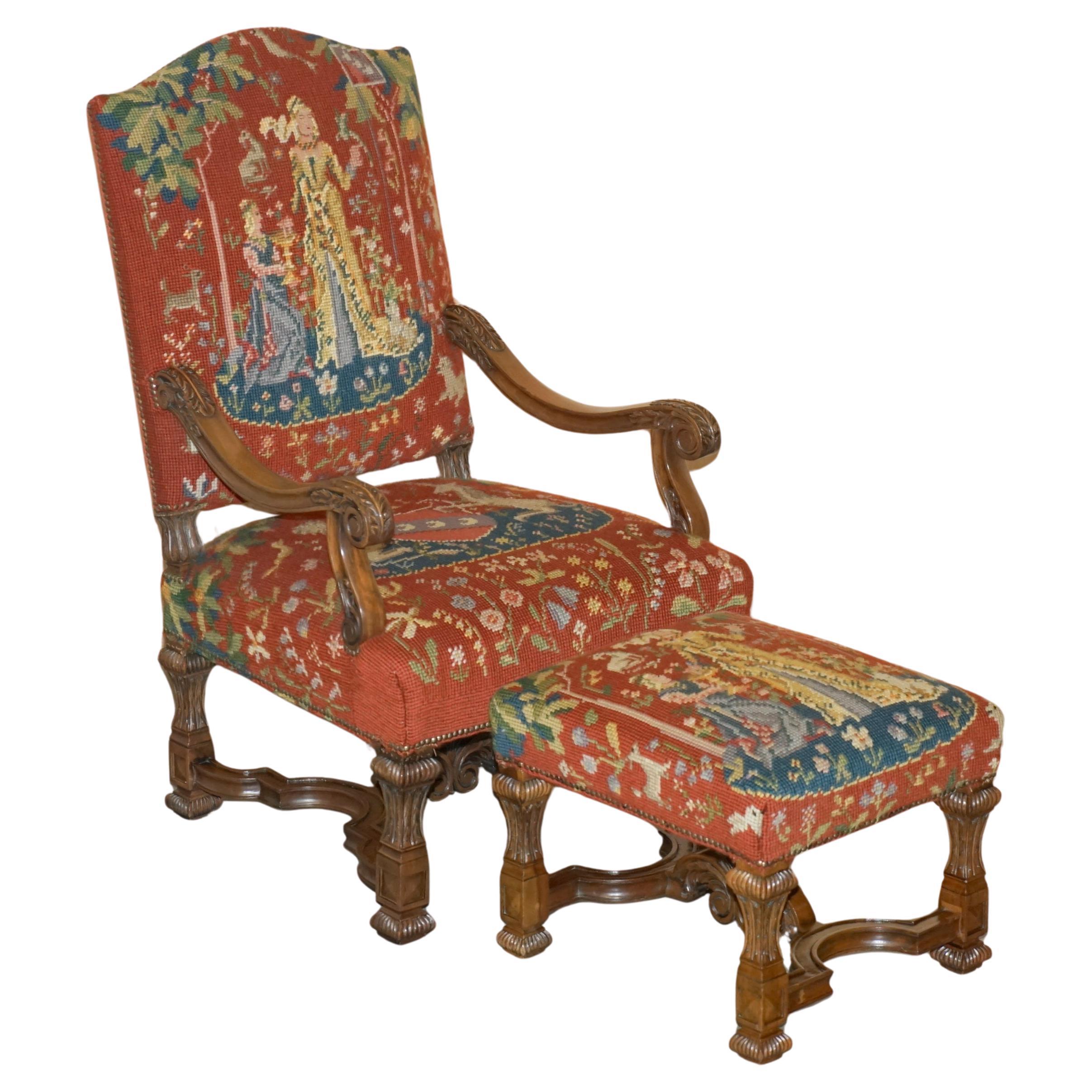 CARVED THRONE ARMCHAIR & FOOTSTOOL EMBROIDERED ARMORIAL COAT OF ARMS FABRiC For Sale