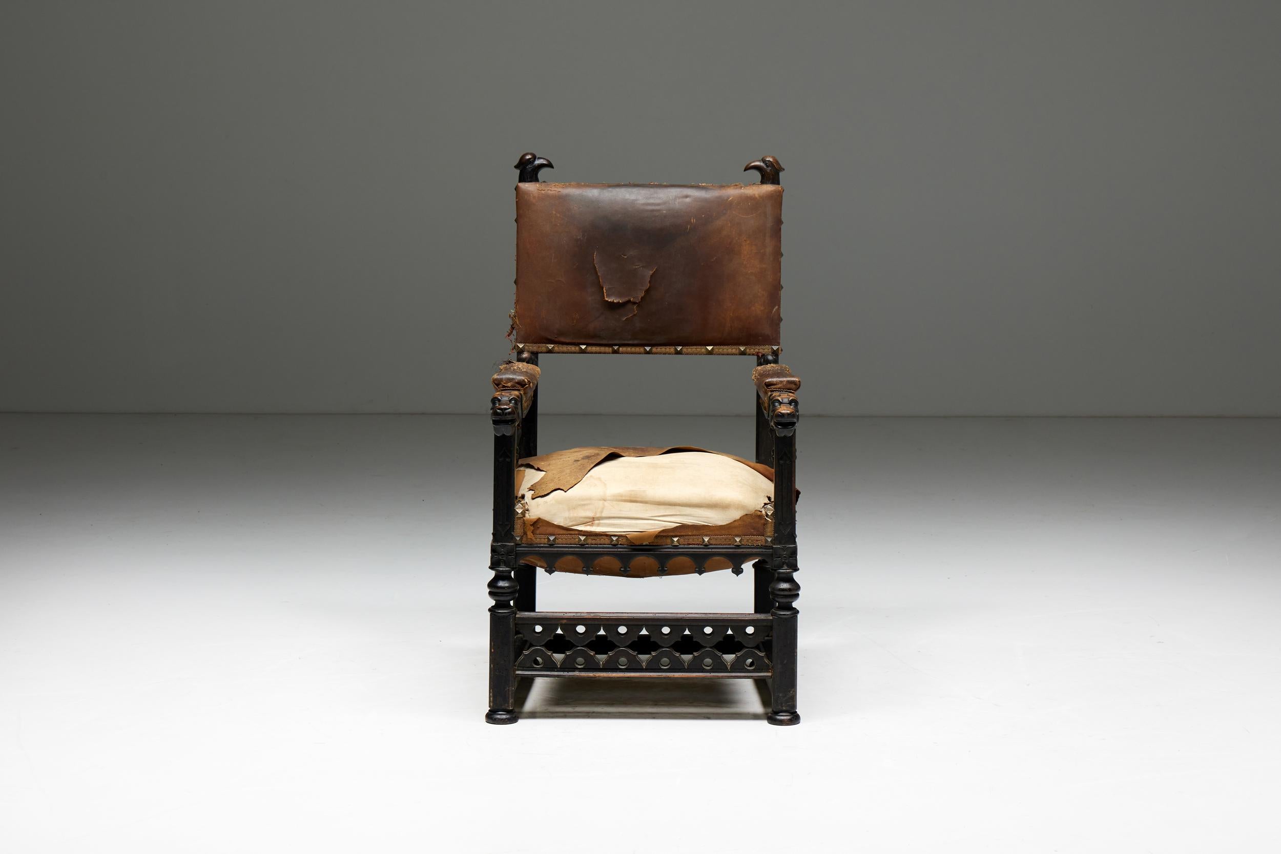 Antique; Throne; Gothic Style; Medieval; 19th century; 20th century; France; Brutalist; Eclectic Design; 

Carved throne armchair in leather and dark wood from 20th century France. Draped in luxurious leather and flanked by dark wood, this stunning