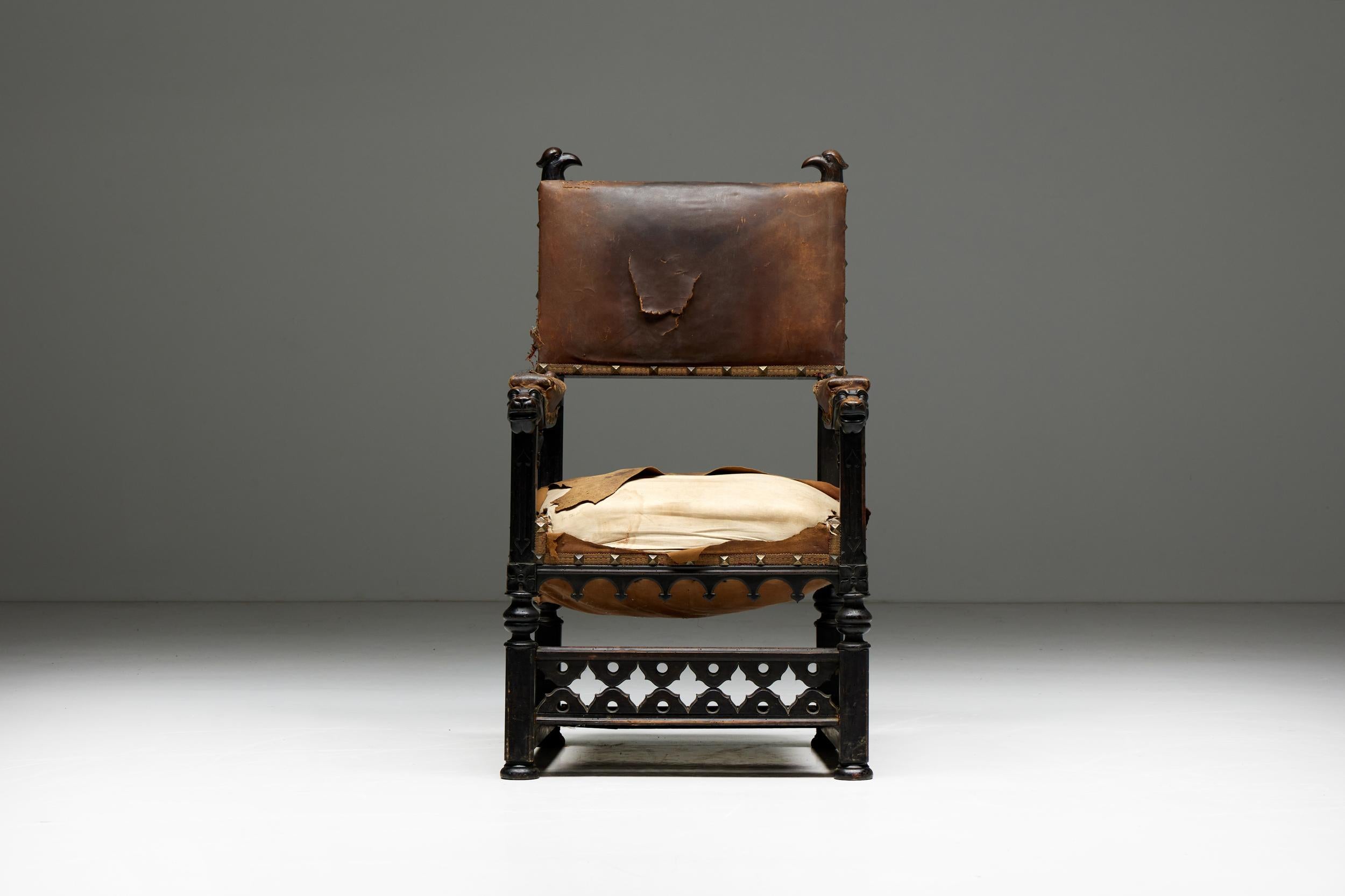 Metal Carved Throne Armchair in Gothic Style, France, 20th Century For Sale