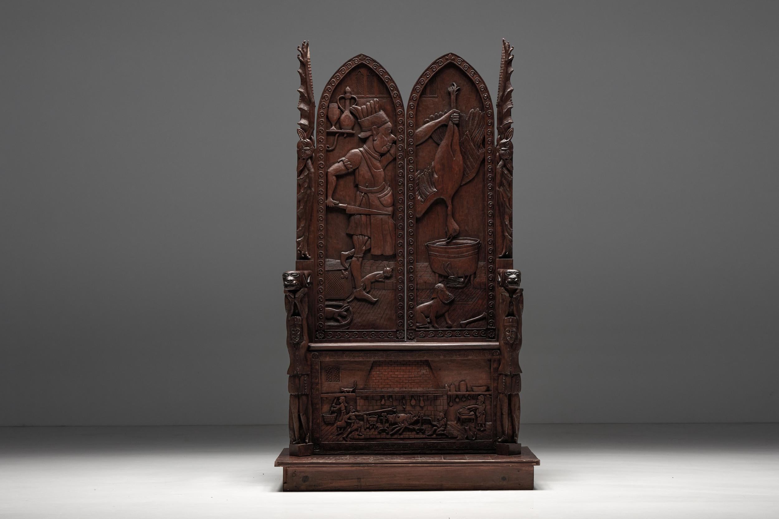 Carved Throne Chairs with Relief Design in Wood, 20th Century For Sale 9