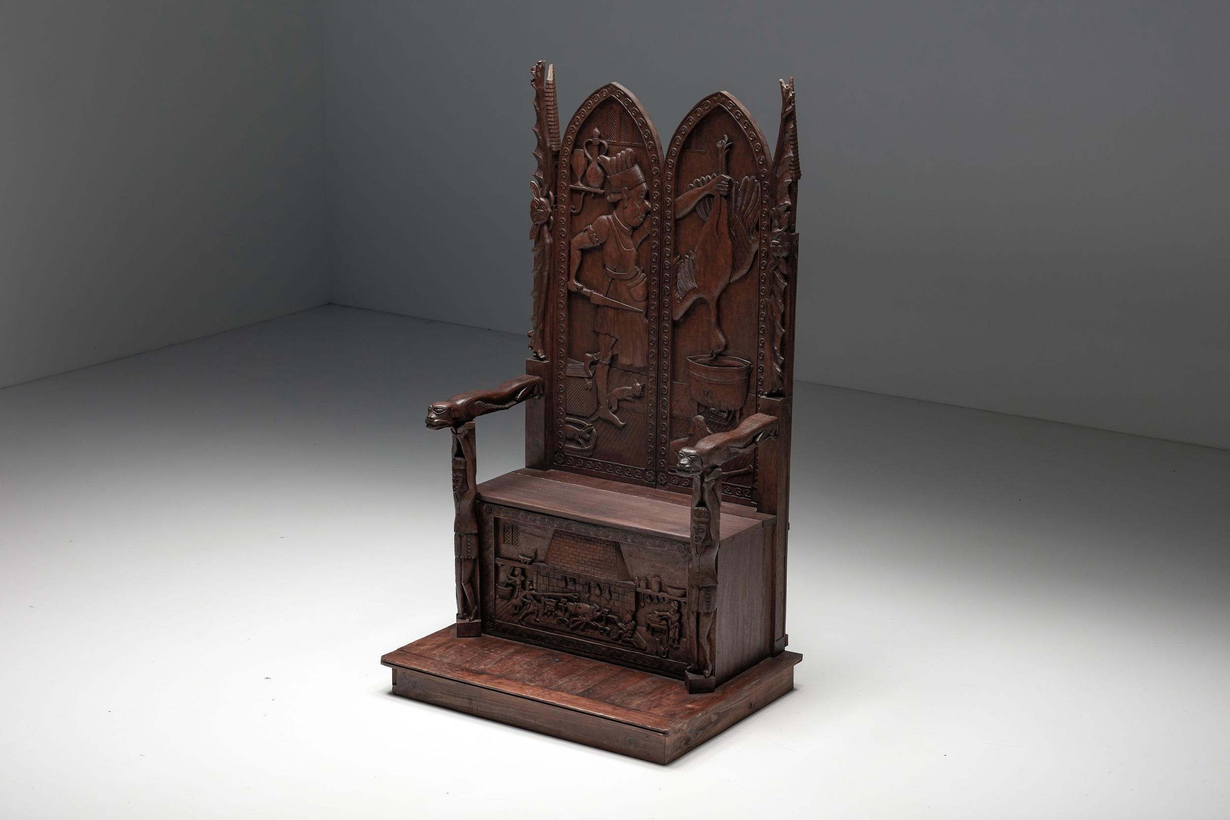 Carved Throne Chairs with Relief Design in Wood, 20th Century For Sale 10