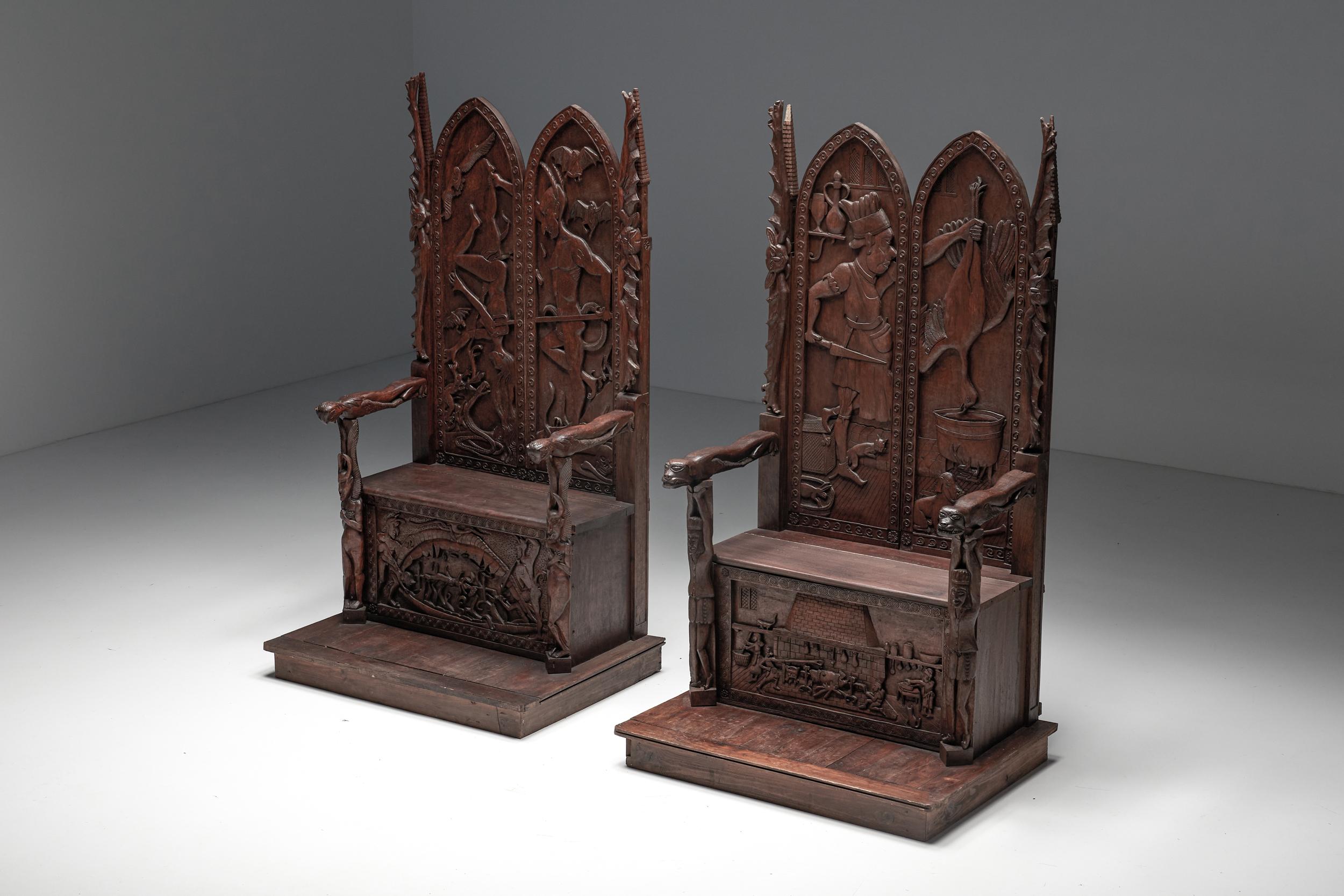 Wood; Carved; Throne Chair; Side Chair; Relief Design; 20th Century; Europe; Woodworking;

A pair of unusual antique throne chairs made of solid wood with exquisite carvings, dating from the 20th century. These exceptional statement pieces are