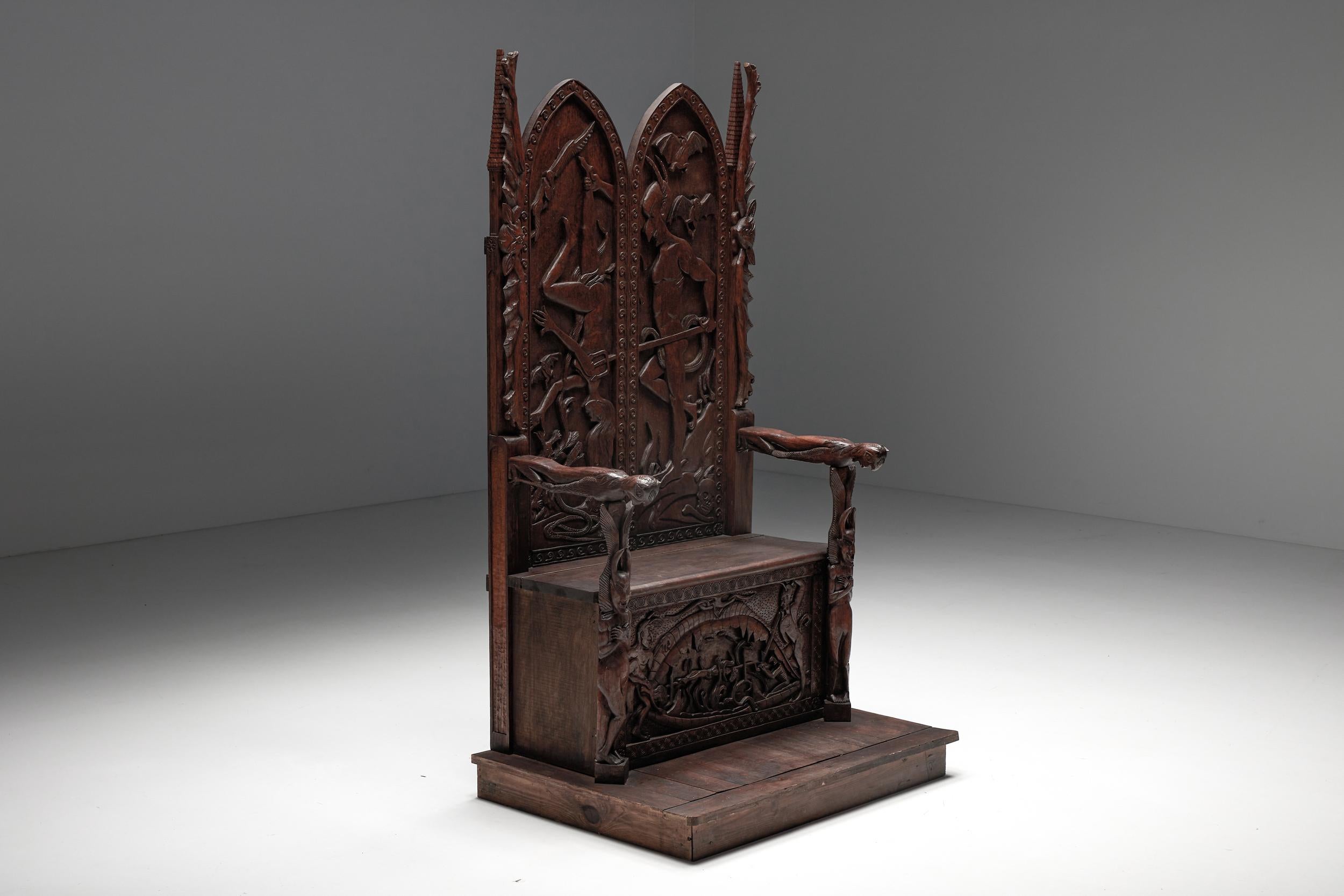 20ième siècle Fauteuils trônes sculptés avec motif en relief en bois, XXe siècle en vente