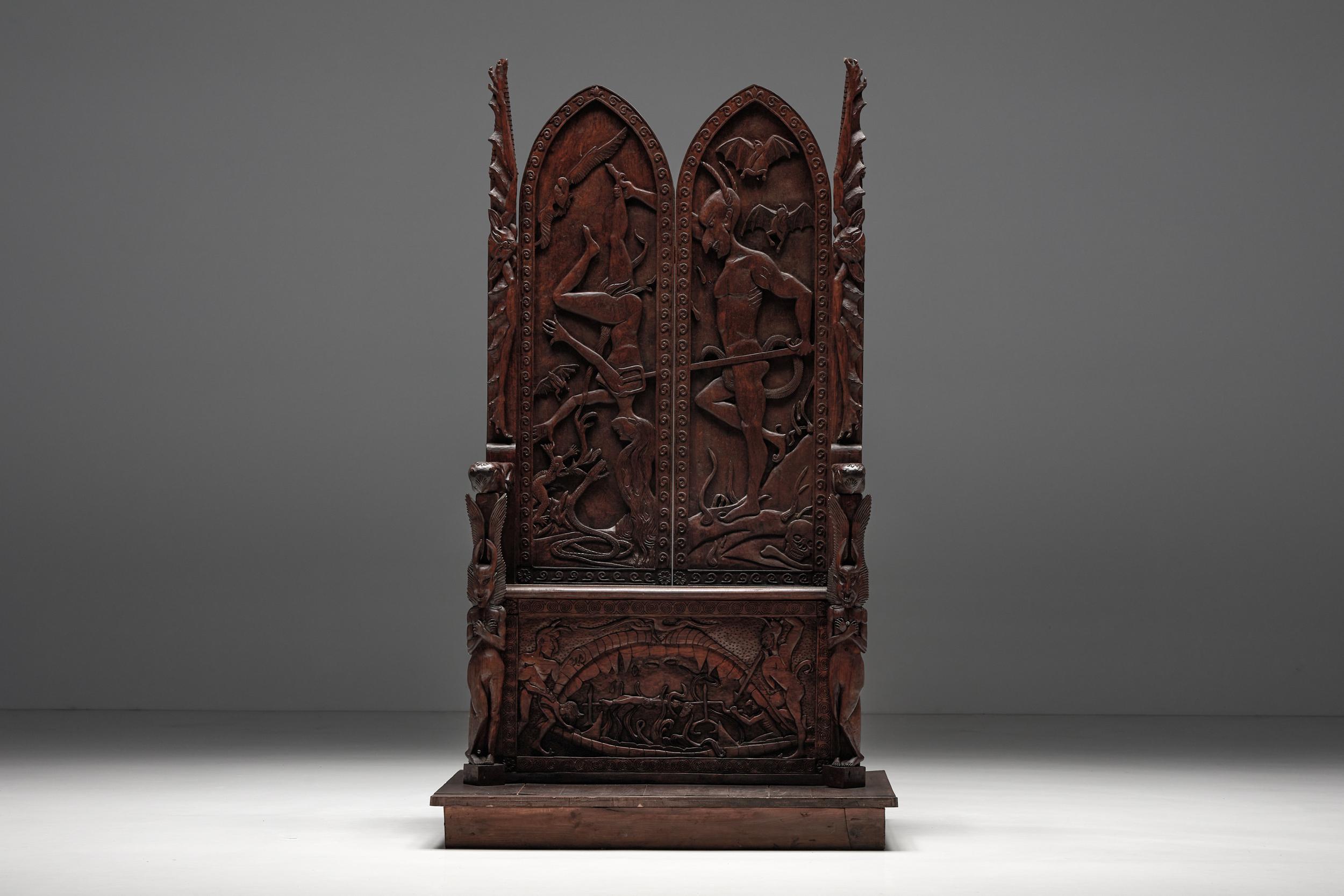 Gothic Revival Carved Throne Chairs with Relief Design in Wood, 20th Century For Sale