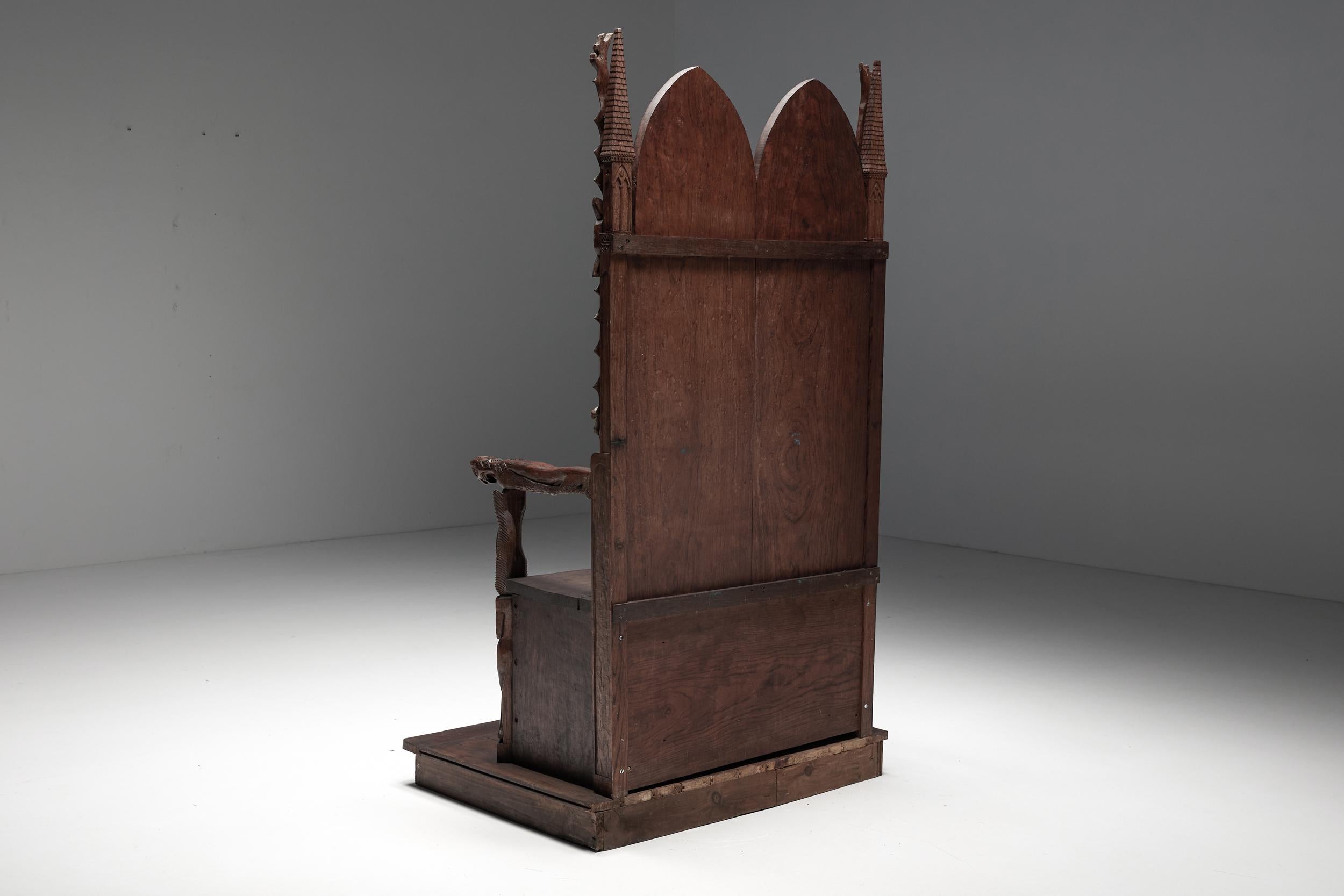 Carved Throne Chairs with Relief Design in Wood, 20th Century For Sale 1