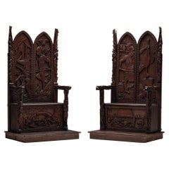 Carved Throne Chairs with Relief Design in Wood, 20th Century