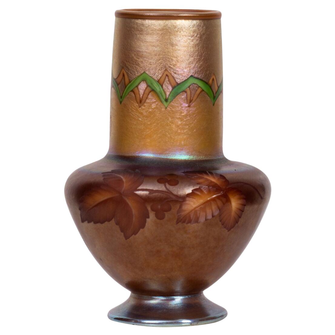 Carved Tiffany Favrile Glass Egyptian Collar Vase, Tiffany Studios