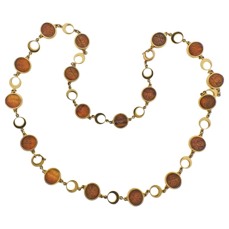 Carved Tiger's Eye Gold Long Necklace