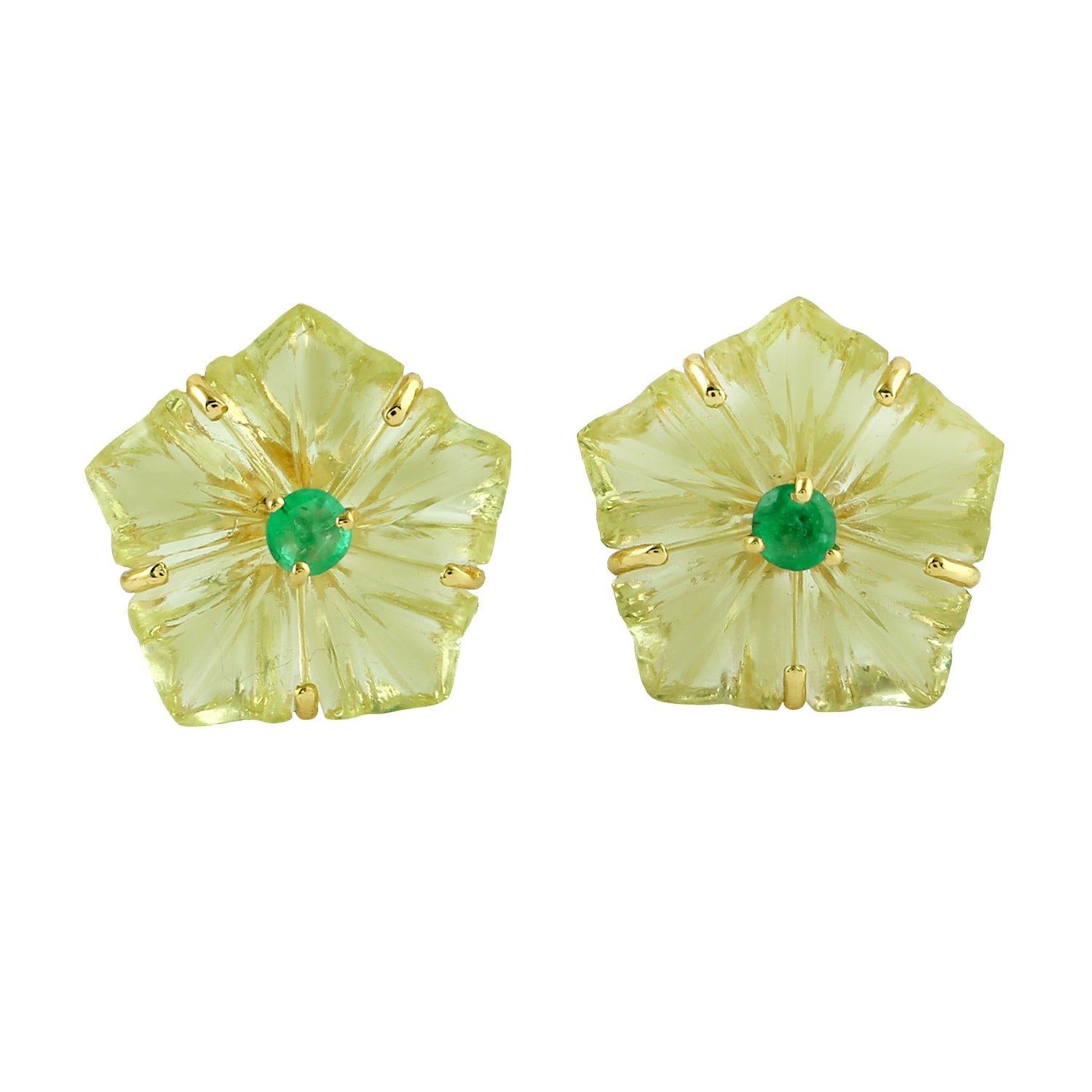 Carved Topaz Citrine 18 Karat Gold Flower Earrings For Sale 4