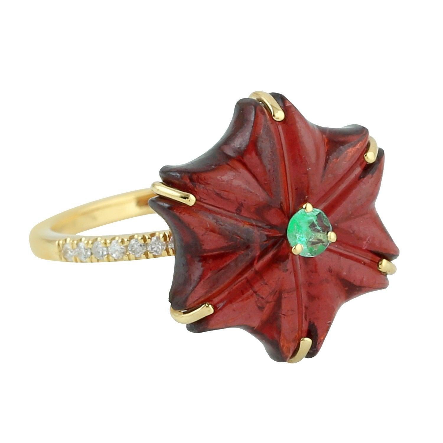 For Sale:  Carved Topaz Emerald Diamond 18 Karat Gold Flower Ring 3