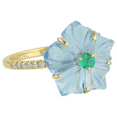 Carved Topaz Emerald Diamond 18 Karat Gold Flower Ring