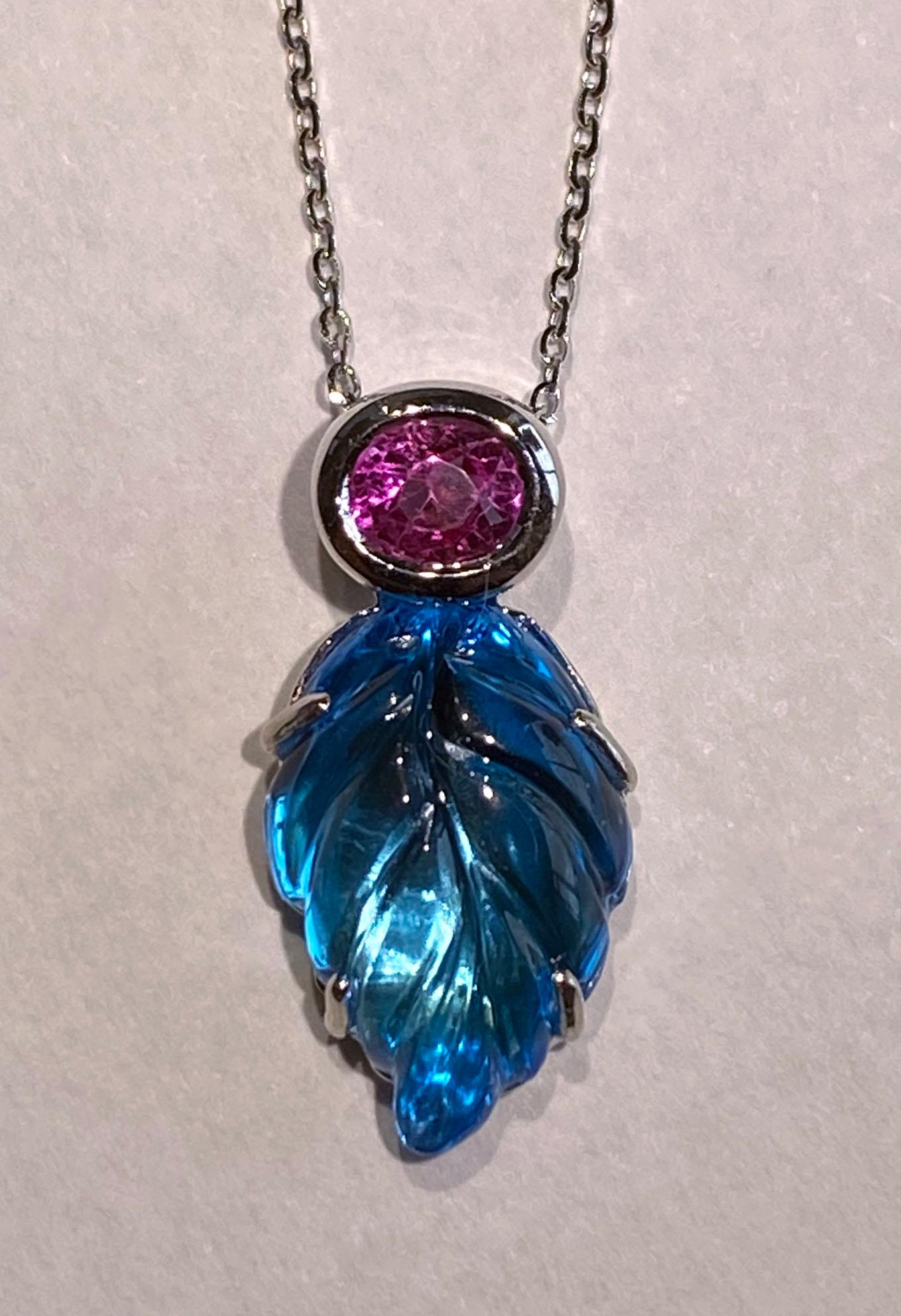 Carved Topaz Leaf Pendant with Pink Sapphire in 14kt White Gold For Sale 9