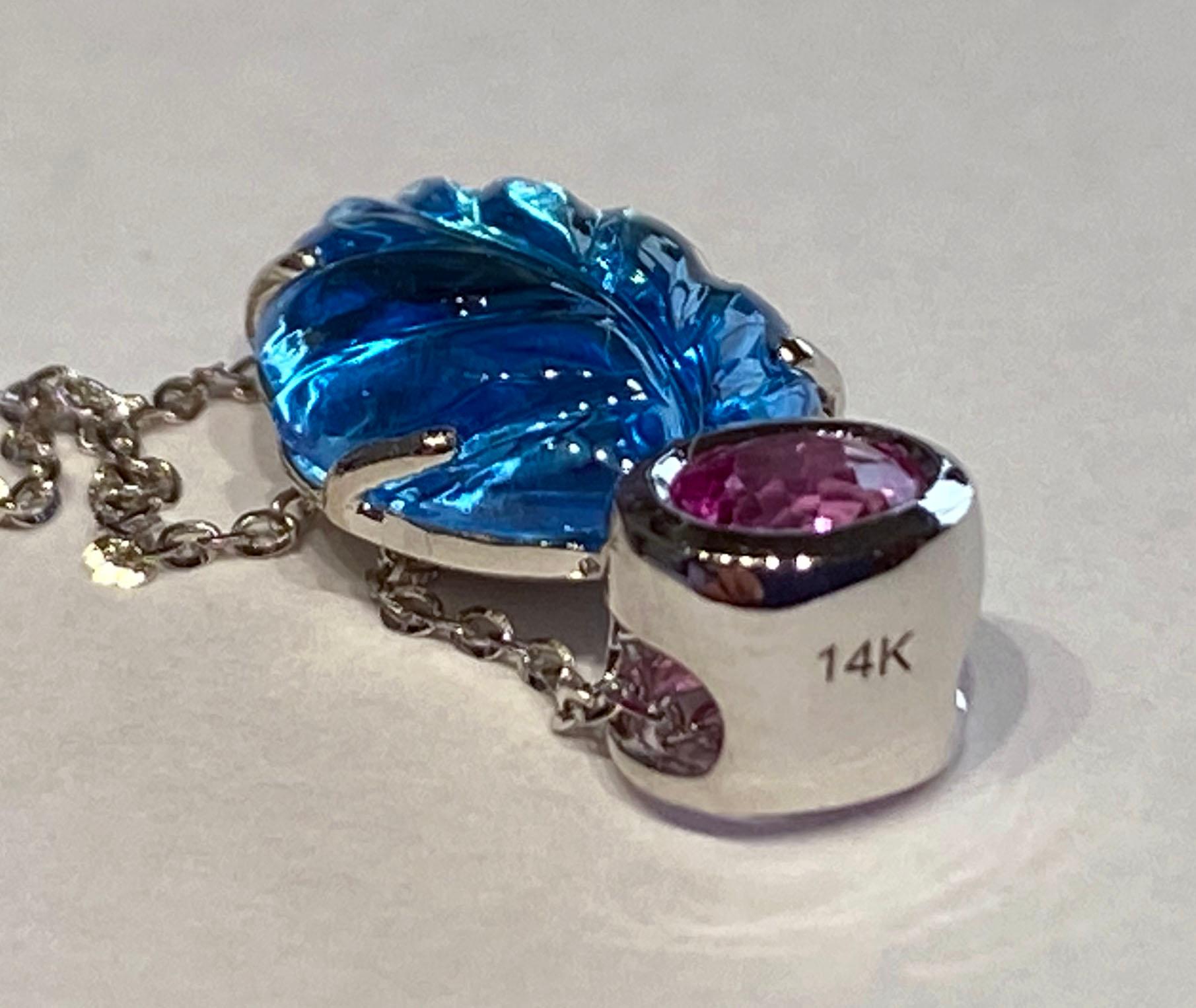 Carved Topaz Leaf Pendant with Pink Sapphire in 14kt White Gold For Sale 3