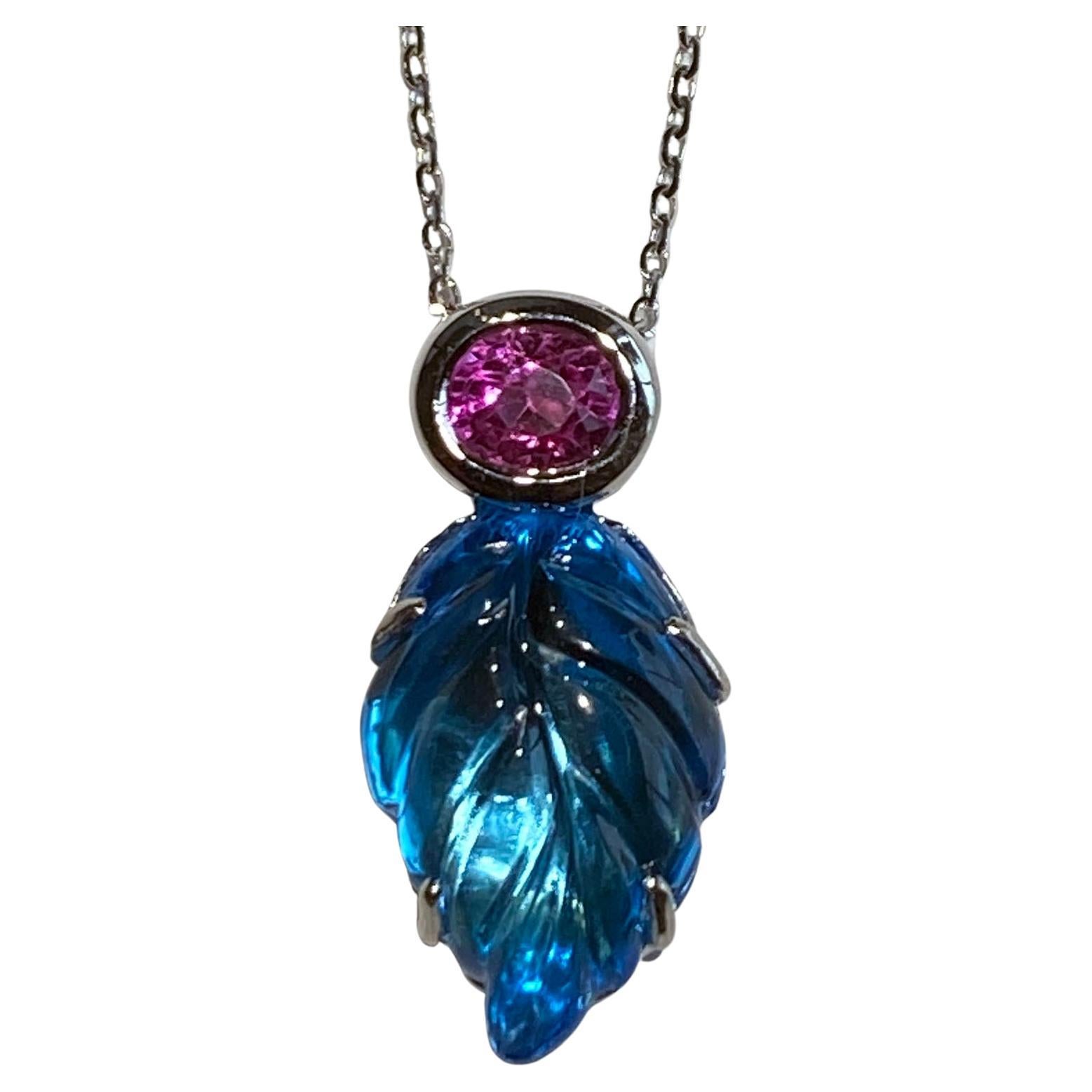 Carved Topaz Leaf Pendant with Pink Sapphire in 14kt White Gold For Sale