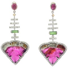 Carved Toumaline Leaf and Diamond Drop Earrings