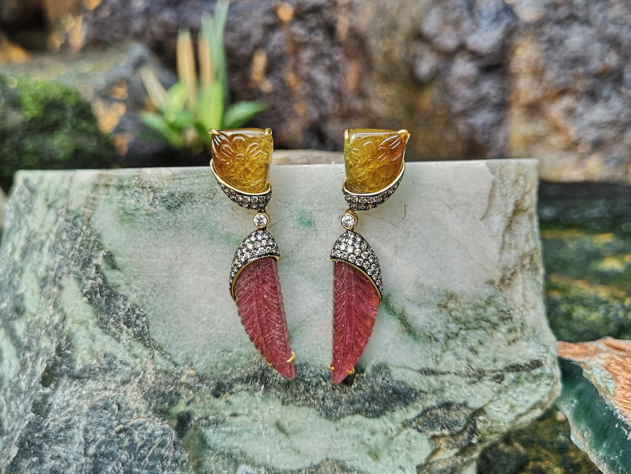 Ohrringe mit geschnitztem Turmalin, braunen Diamanten und Diamanten in 18K Gold (Zeitgenössisch) im Angebot