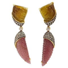 Carved Tourmaline, Brown Diamond and Diamond Earrings in 18K Gold