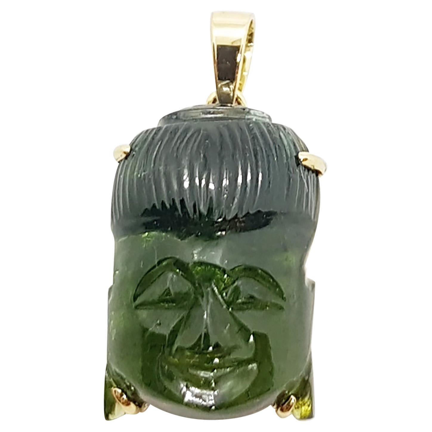 Carved Tourmaline Buddha Pendant Set in 18 Karat Gold Settings For Sale