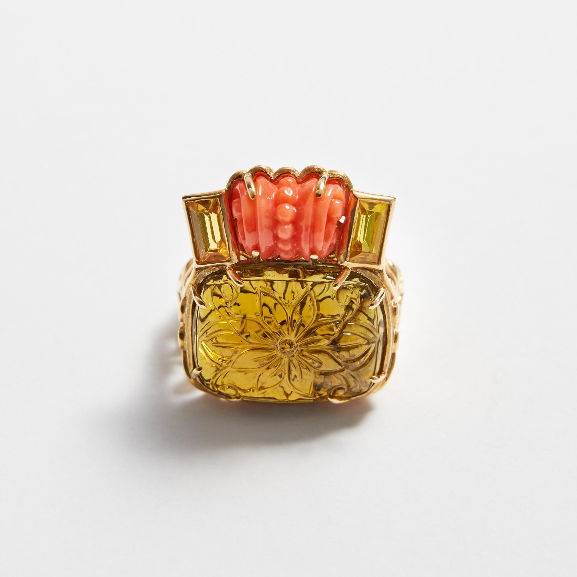 Carved Tourmaline Coral Yellow Sapphire 18 Karat Gold Ring For Sale 6