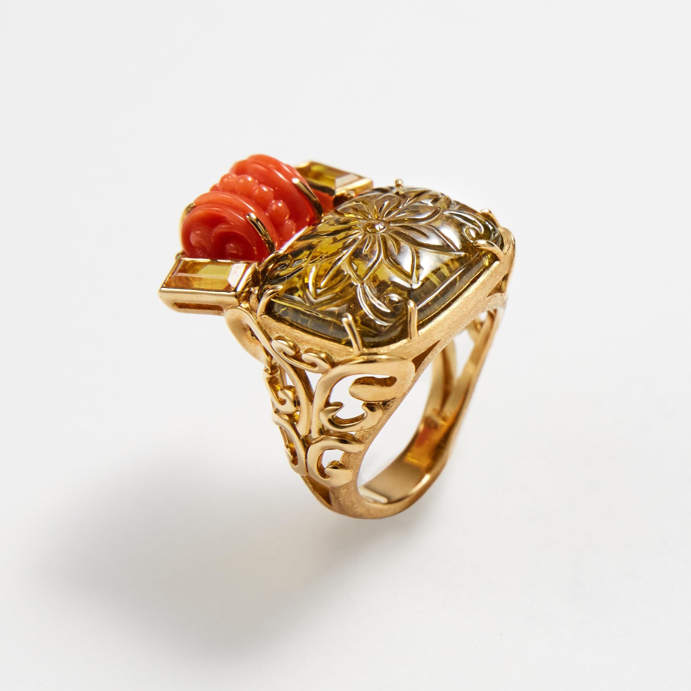 Carved Tourmaline Coral Yellow Sapphire 18 Karat Gold Ring For Sale 7
