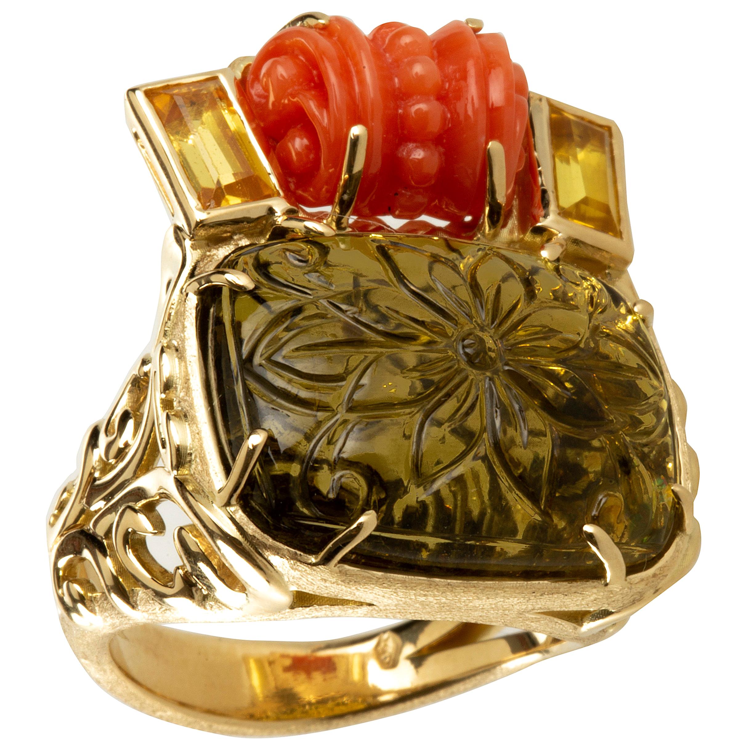 Carved Tourmaline Coral Yellow Sapphire 18 Karat Gold Ring For Sale
