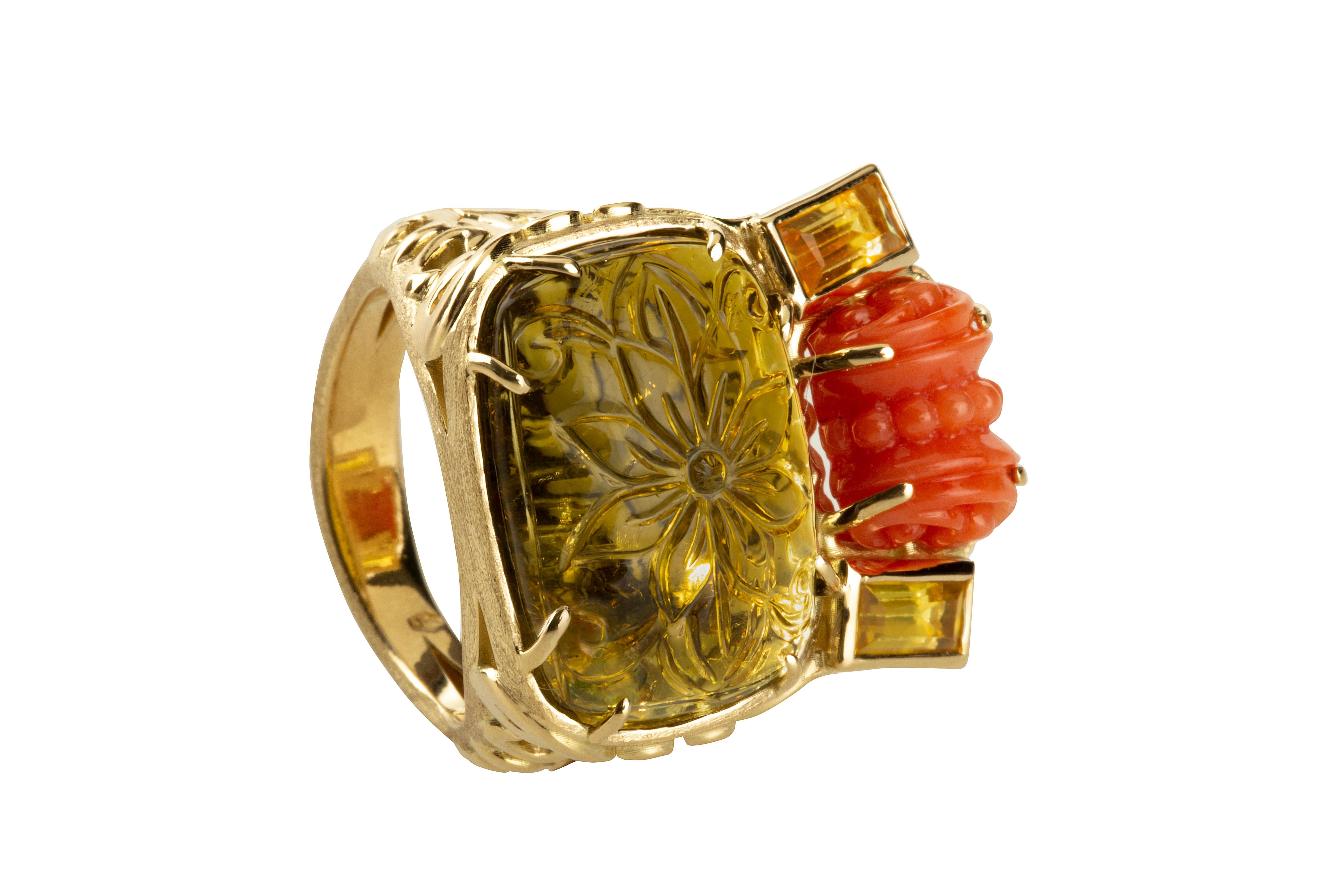 Carved Tourmaline cts 5 with Scicca carved Italian coral 18 kt Gold gr. 21 size 14 eu, yellow sapphire baguette.
All Giulia Colussi jewelry is new and has never been previously owned or worn. Each item will arrive at your door beautifully gift
