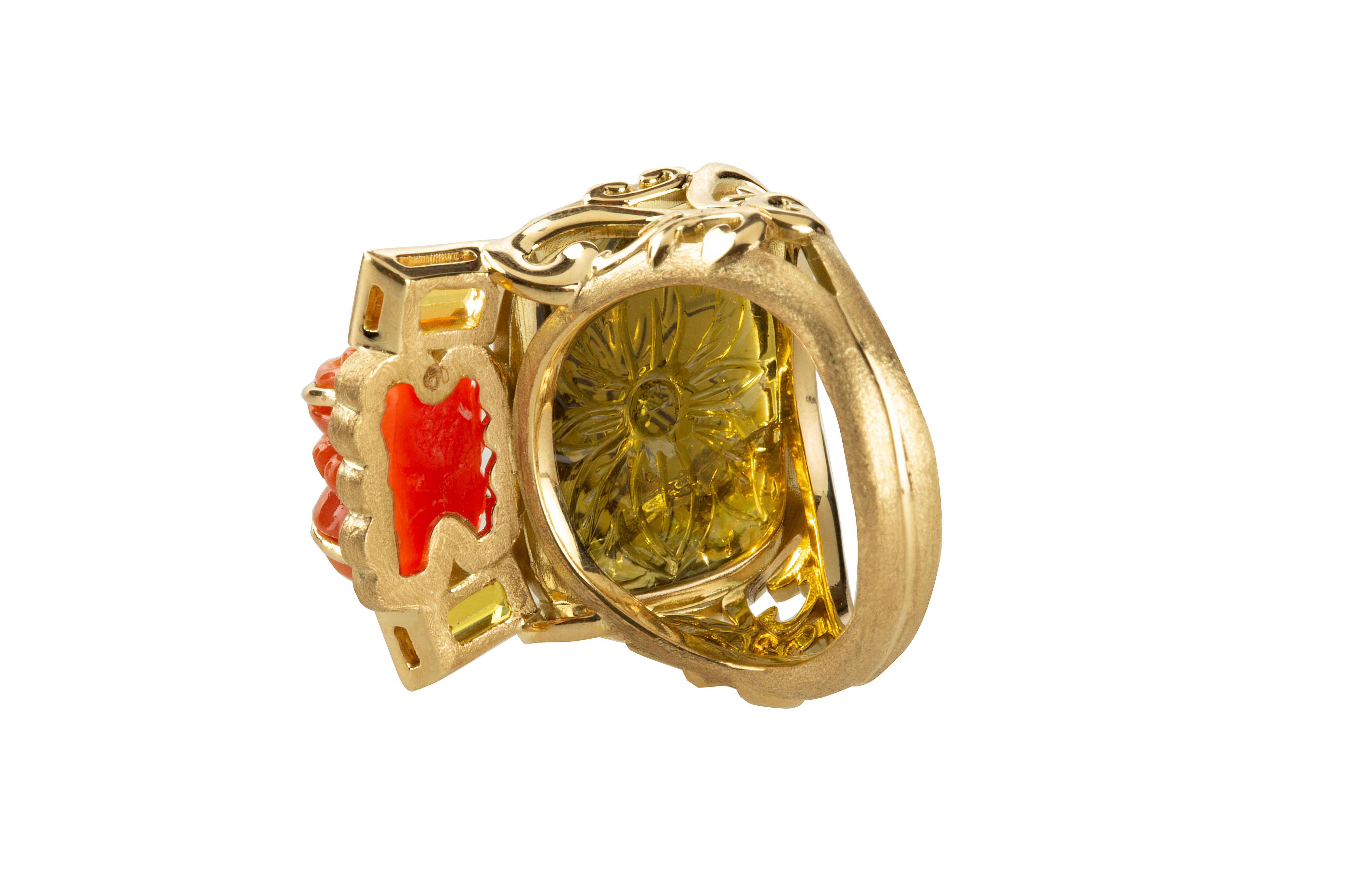 Artisan Carved Tourmaline Coral Yellow Sapphire 18 Karat Gold Ring For Sale