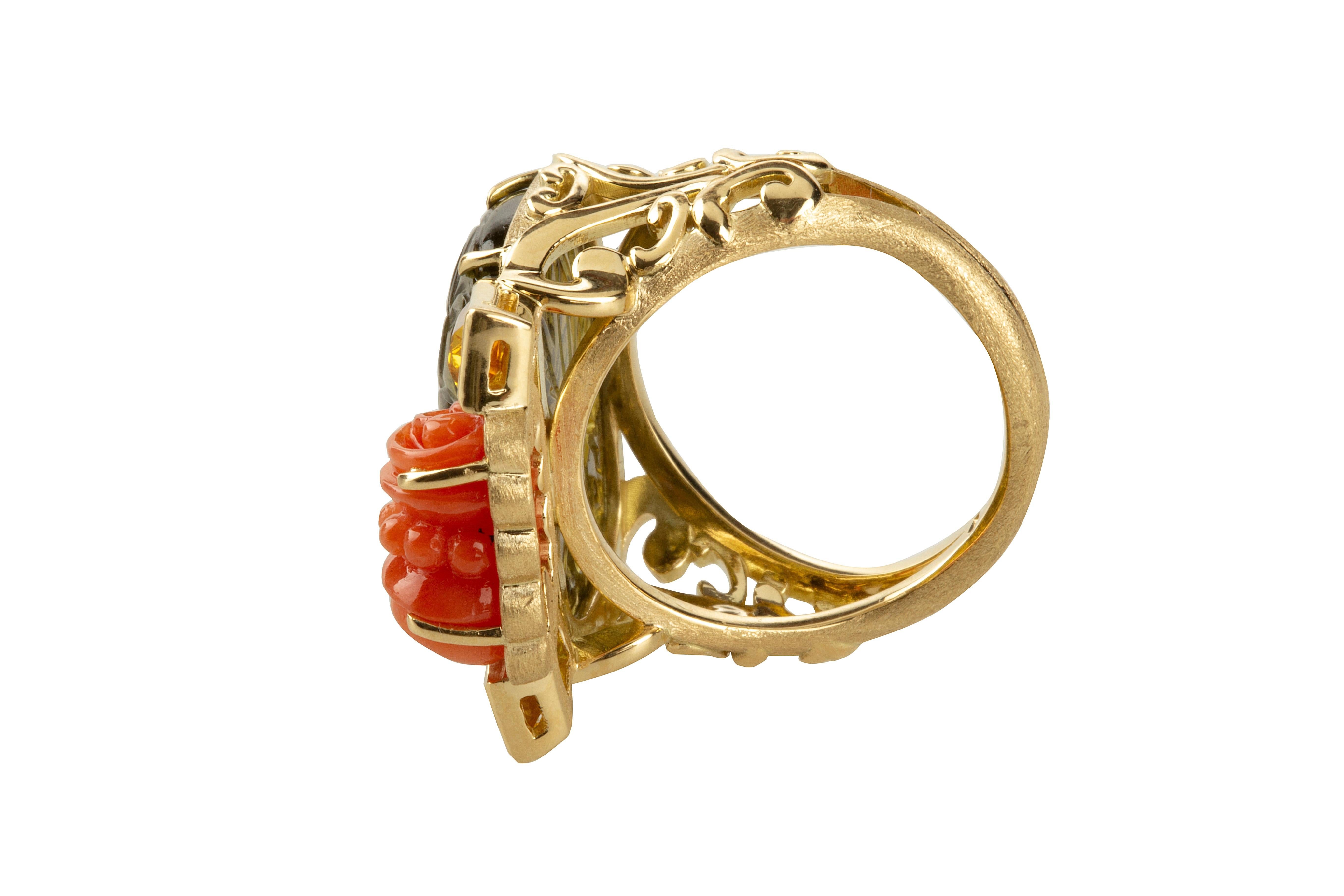Baguette Cut Carved Tourmaline Coral Yellow Sapphire 18 Karat Gold Ring For Sale