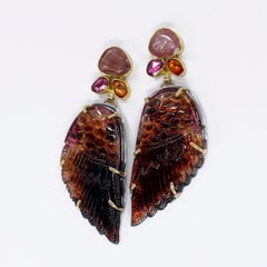 Boucle d'oreille Tourmaline sculptée Saphir 22k 18k Argent fin