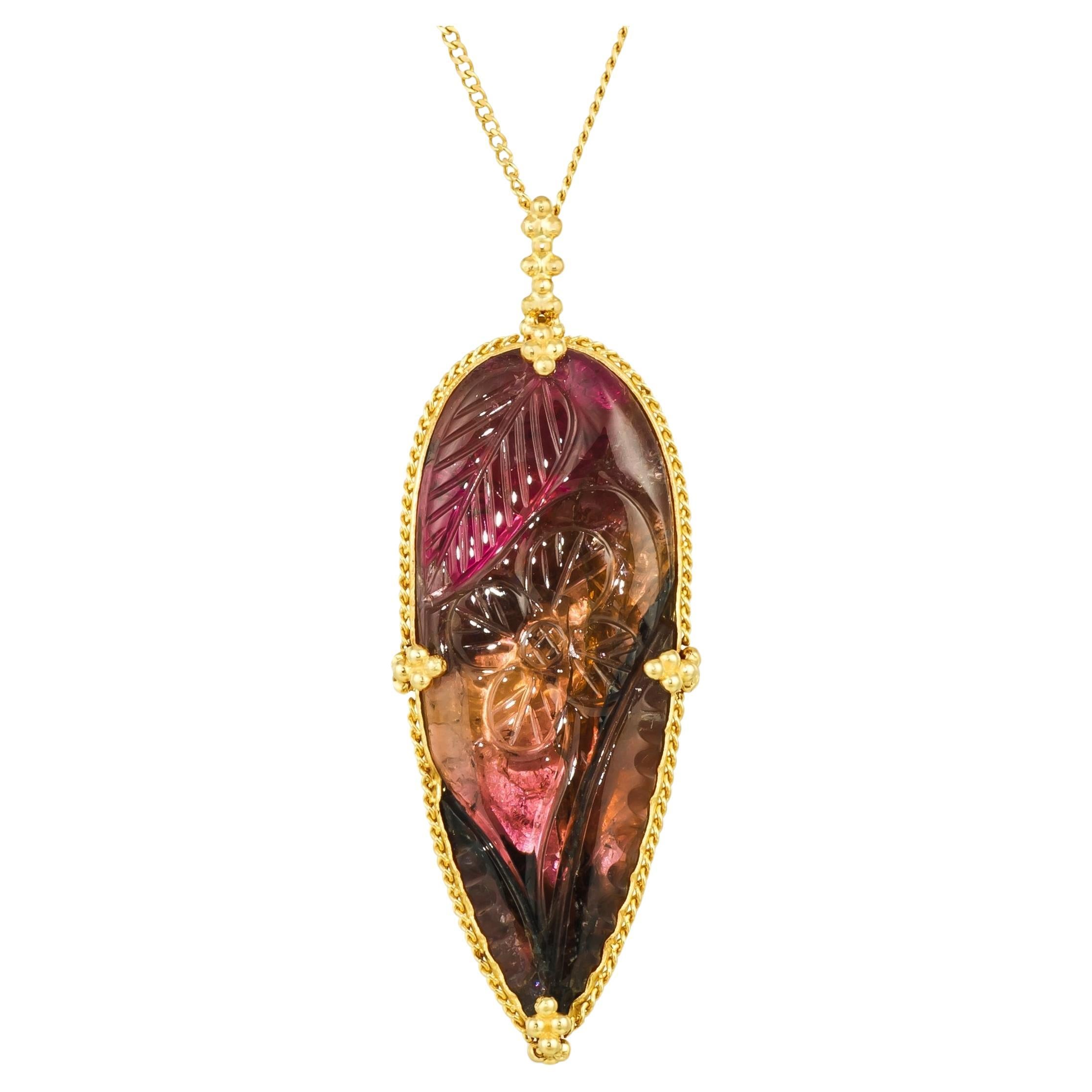 Carved Tourmaline Foliage Necklace For Sale