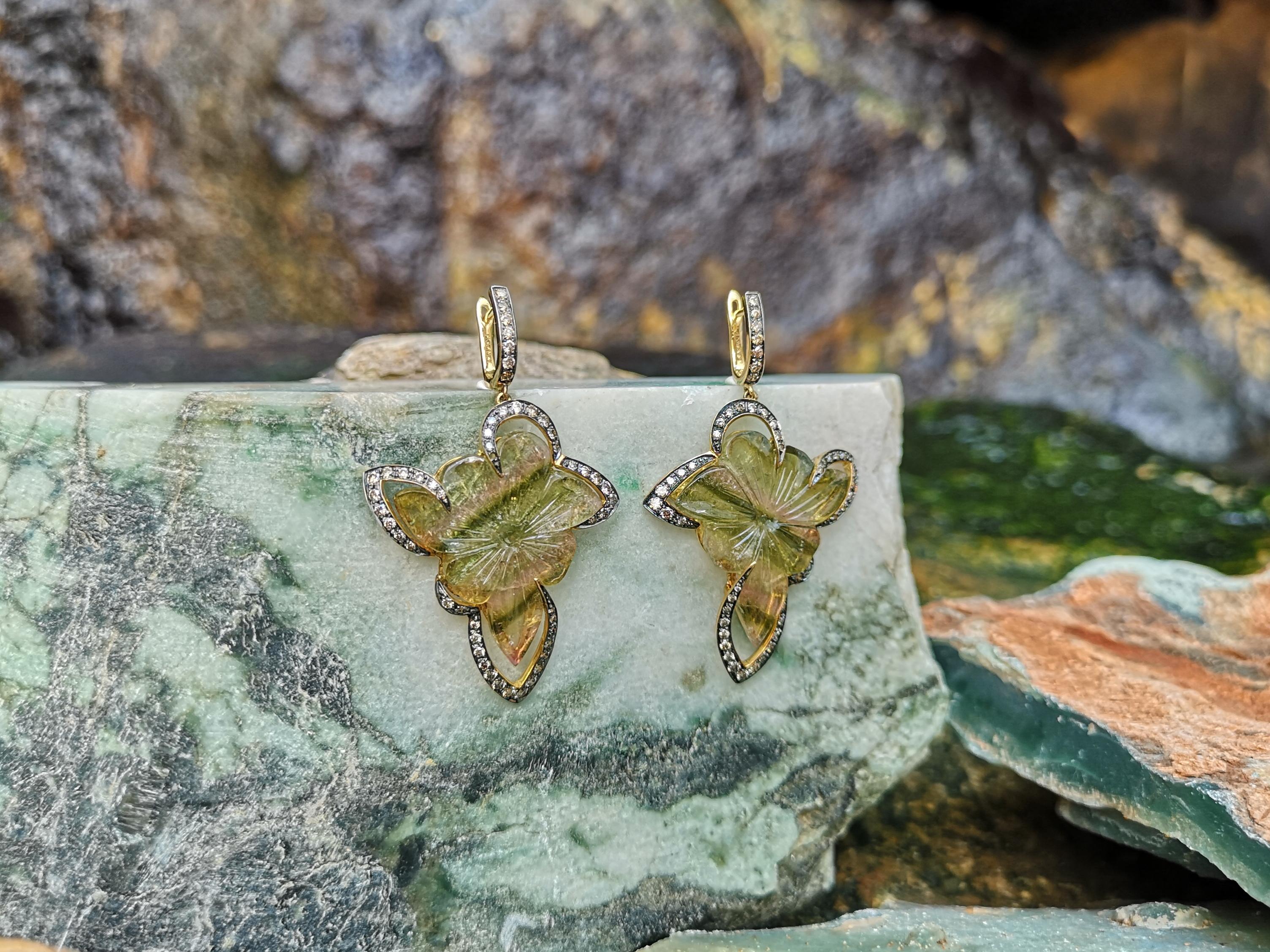 Mixed Cut Carved Tourmaline with Brown Diamond Earrings in 18K Gold