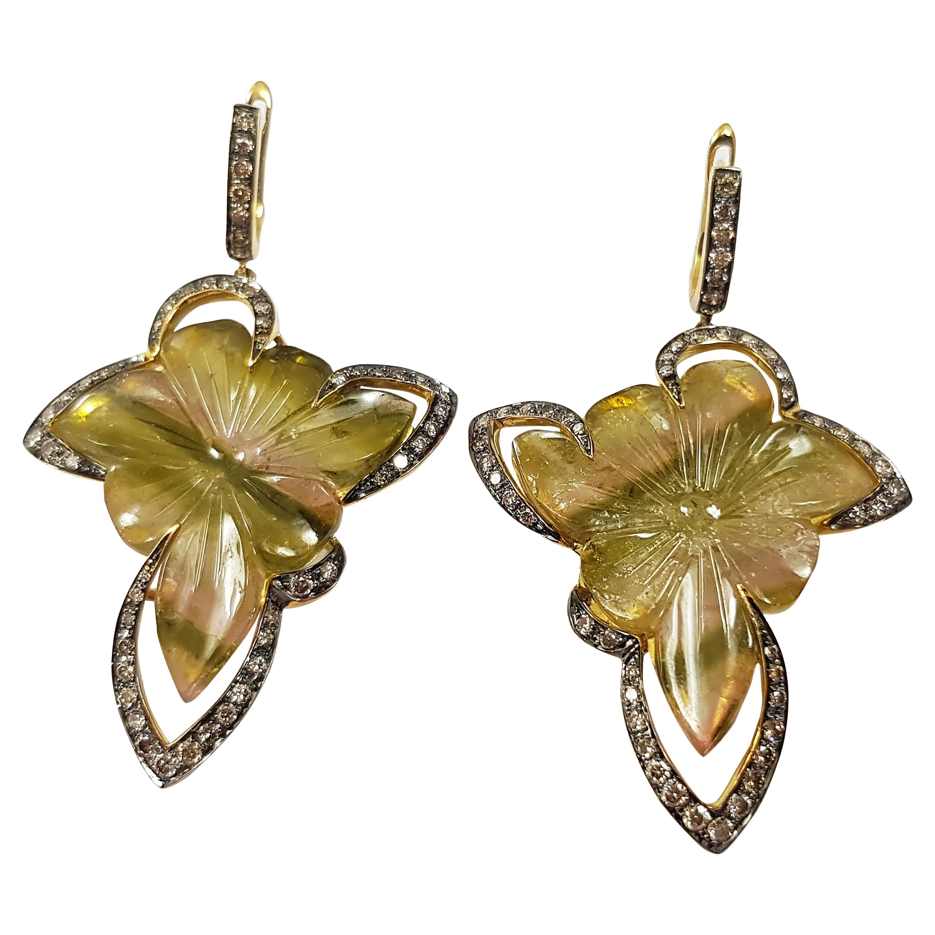 Carved Tourmaline with Brown Diamond Earrings in 18K Gold