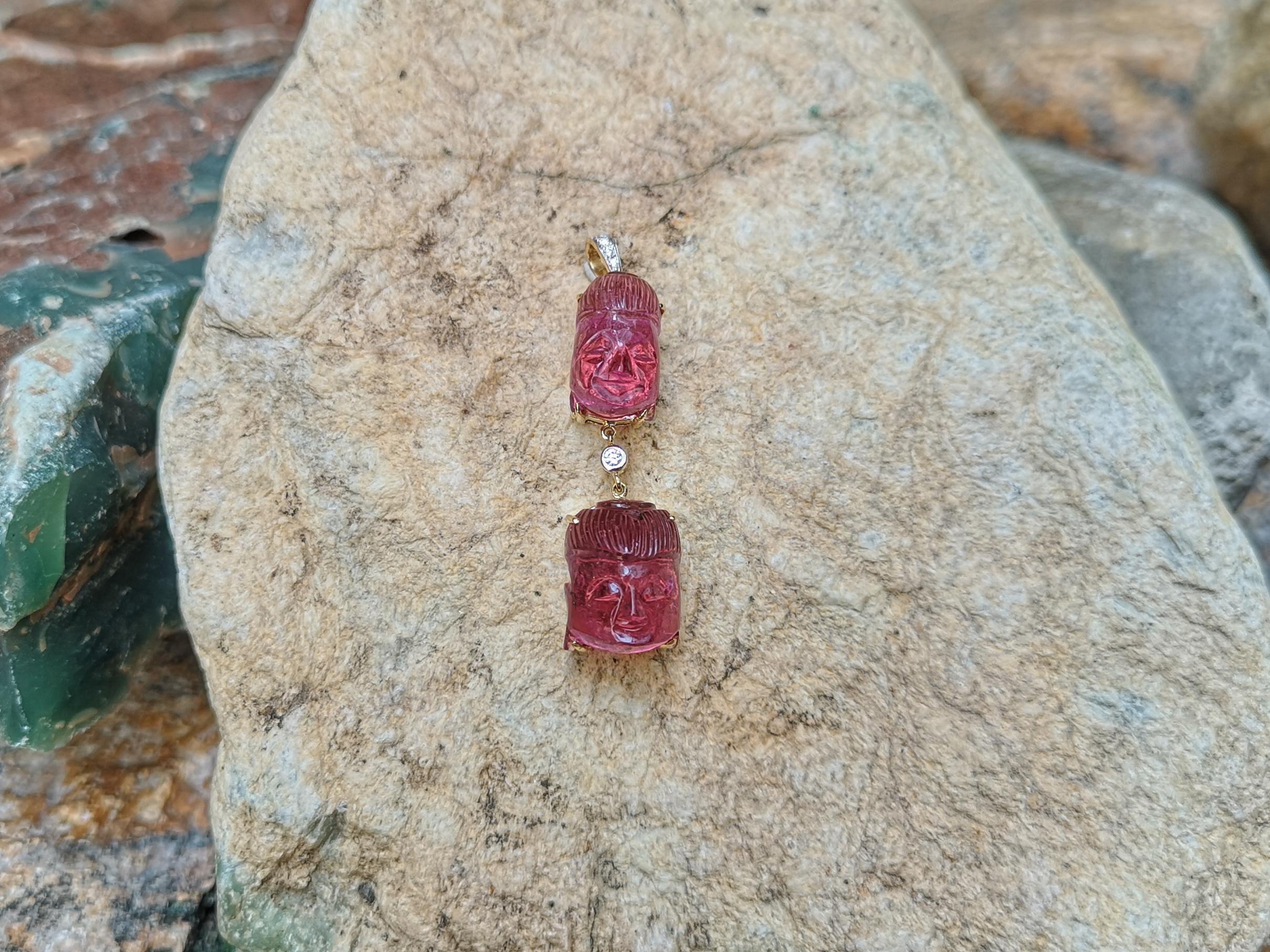 Contemporary Carved Tourmaline with Diamond Buddha Pendant Set in 18 Karat Gold Settings For Sale