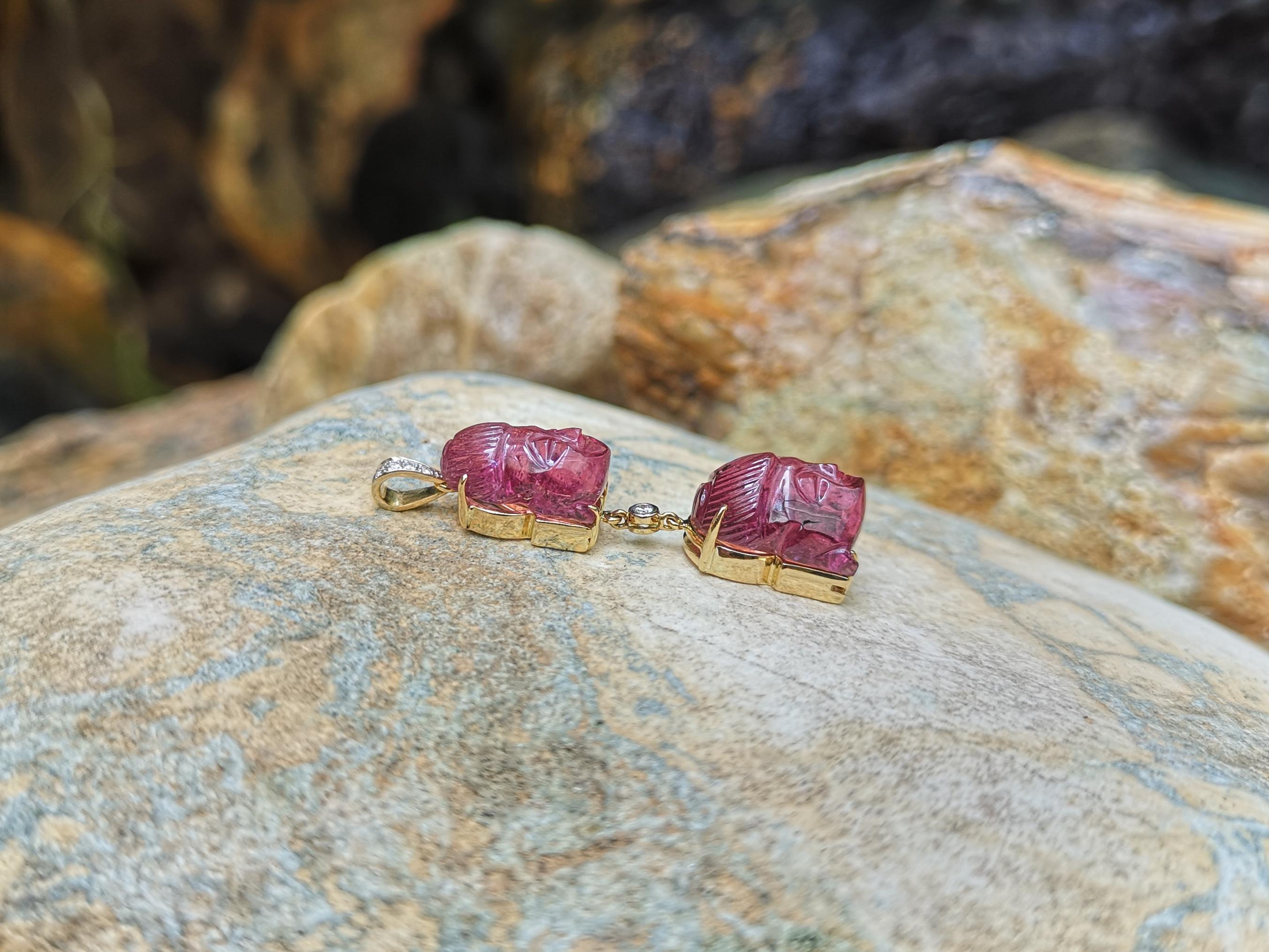 Mixed Cut Carved Tourmaline with Diamond Buddha Pendant Set in 18 Karat Gold Settings For Sale