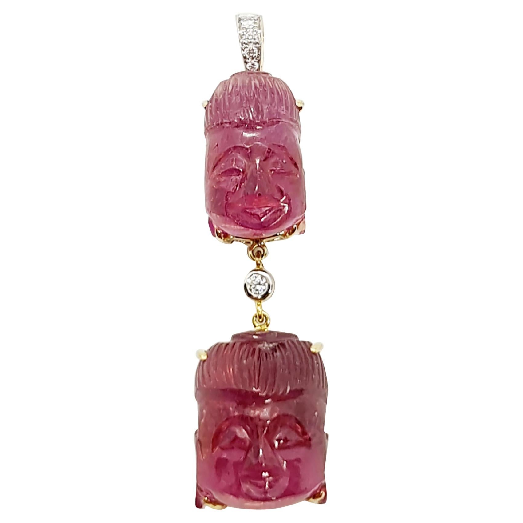 Carved Tourmaline with Diamond Buddha Pendant Set in 18 Karat Gold Settings For Sale